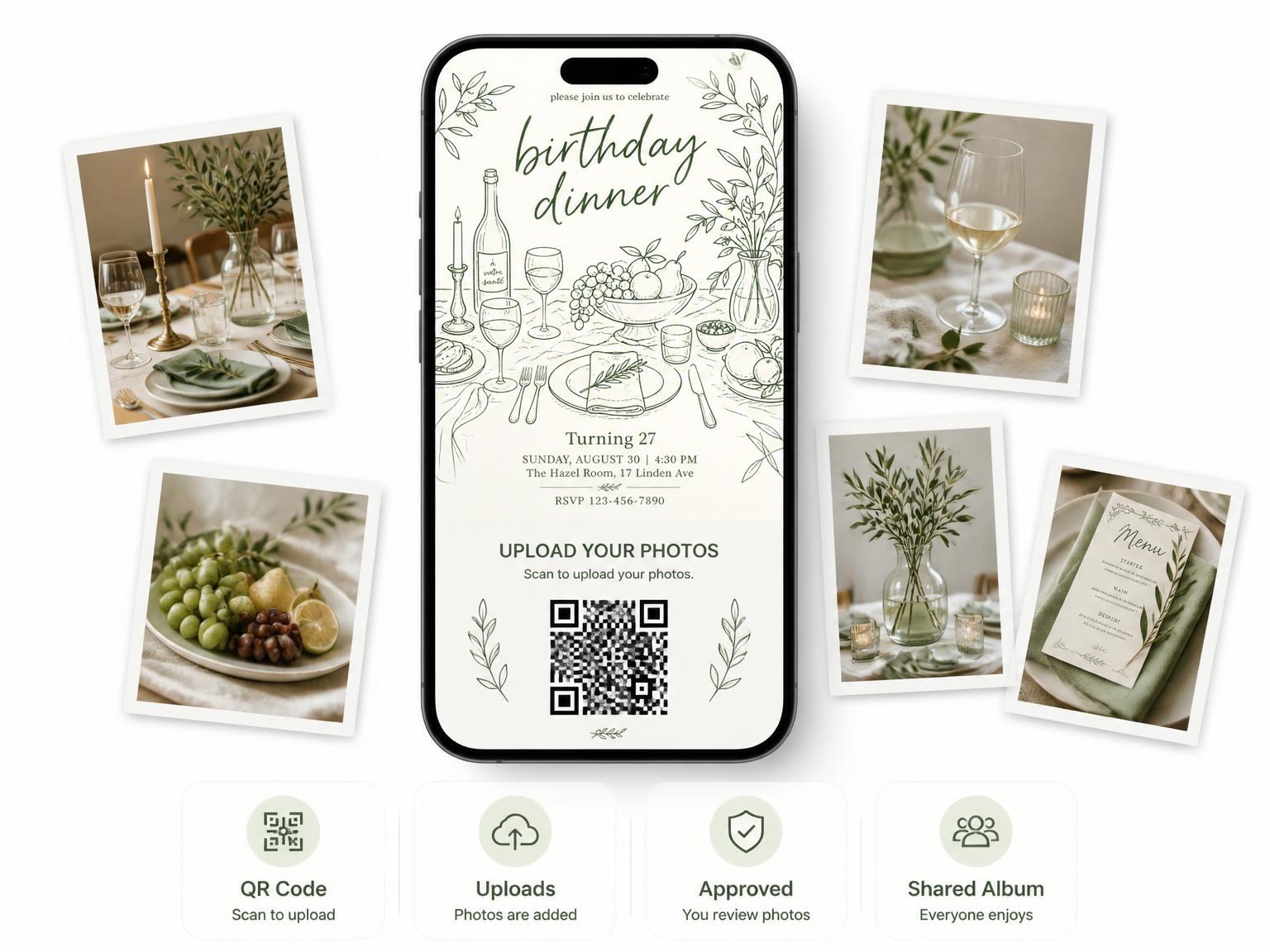 The shared photo gallery that comes with the Forest Green Botanical Table Birthday invitation