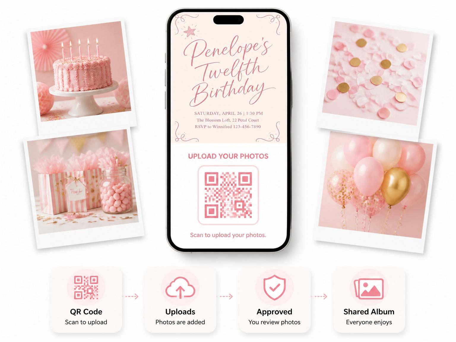 The shared photo gallery that comes with the Pink Star Cream 12th Birthday Invitation invitation