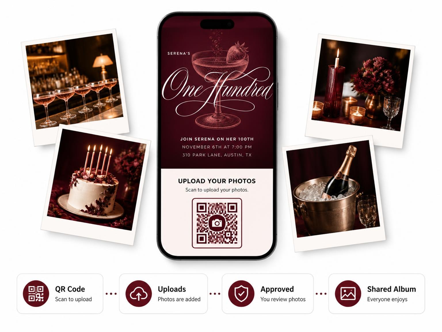 The shared photo gallery that comes with the Burgundy Cocktail 100th Birthday Invitation invitation