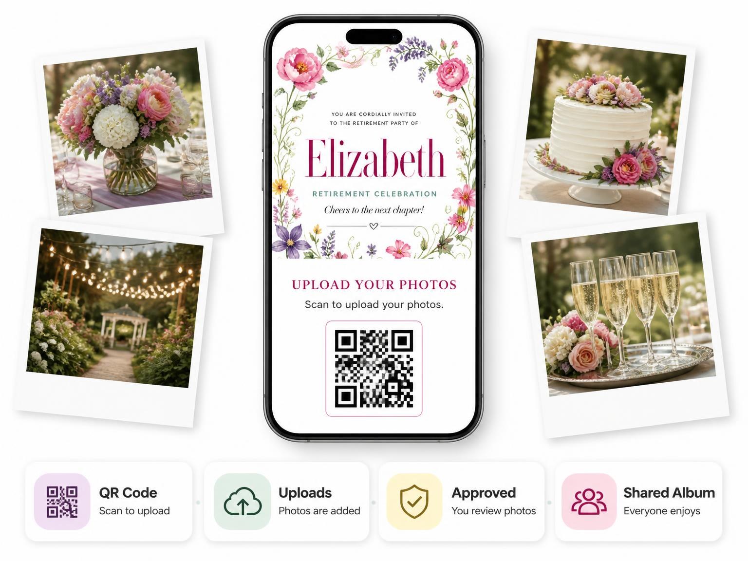 The shared photo gallery that comes with the Floral Wreath Retirement Party Invitation invitation