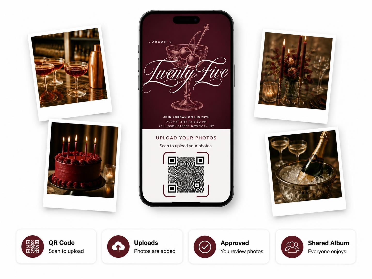The shared photo gallery that comes with the Burgundy Cocktail 25th Birthday Invitation invitation