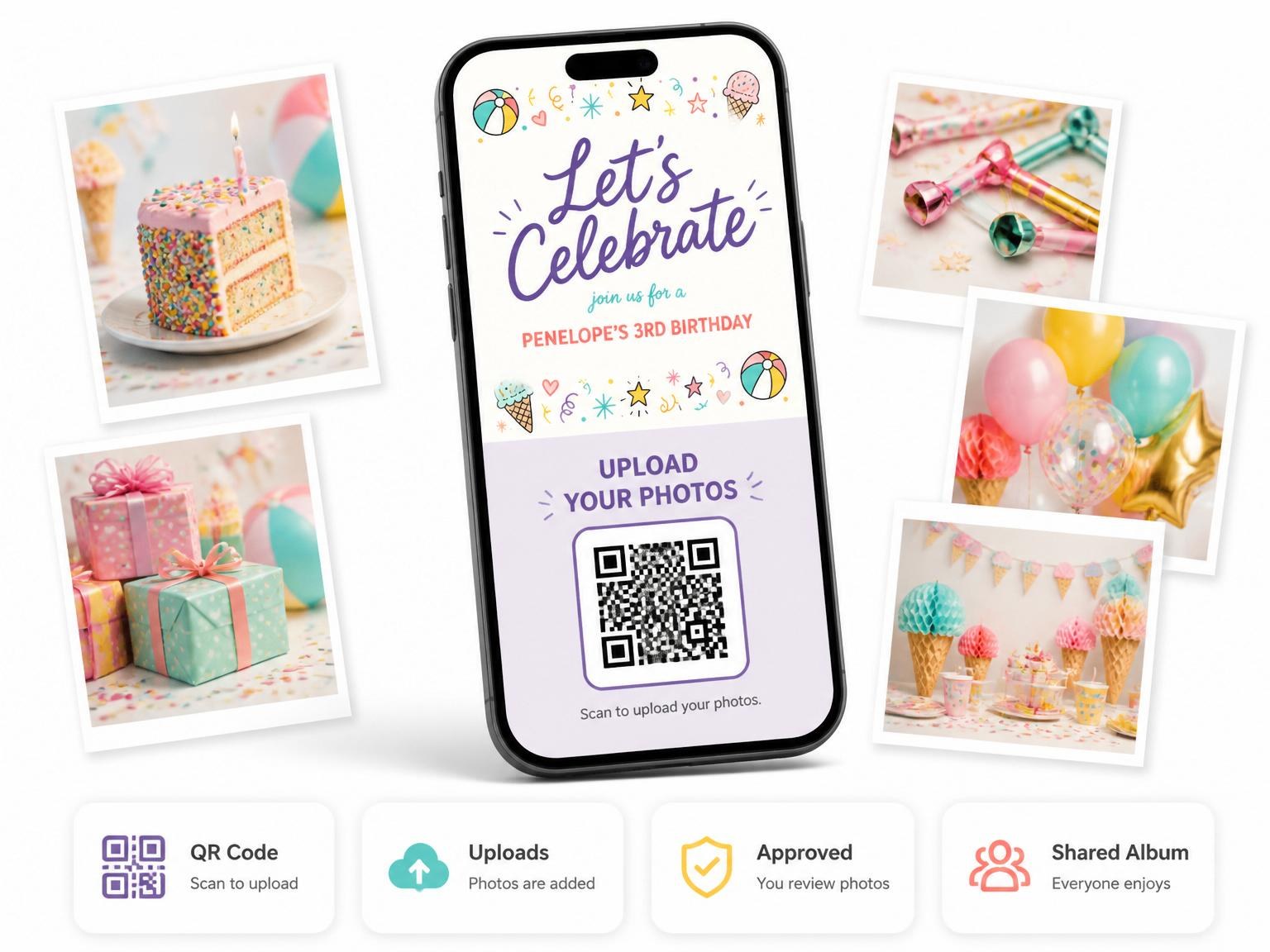 The shared photo gallery that comes with the Doodle Motif Multicolor 3rd Birthday invitation