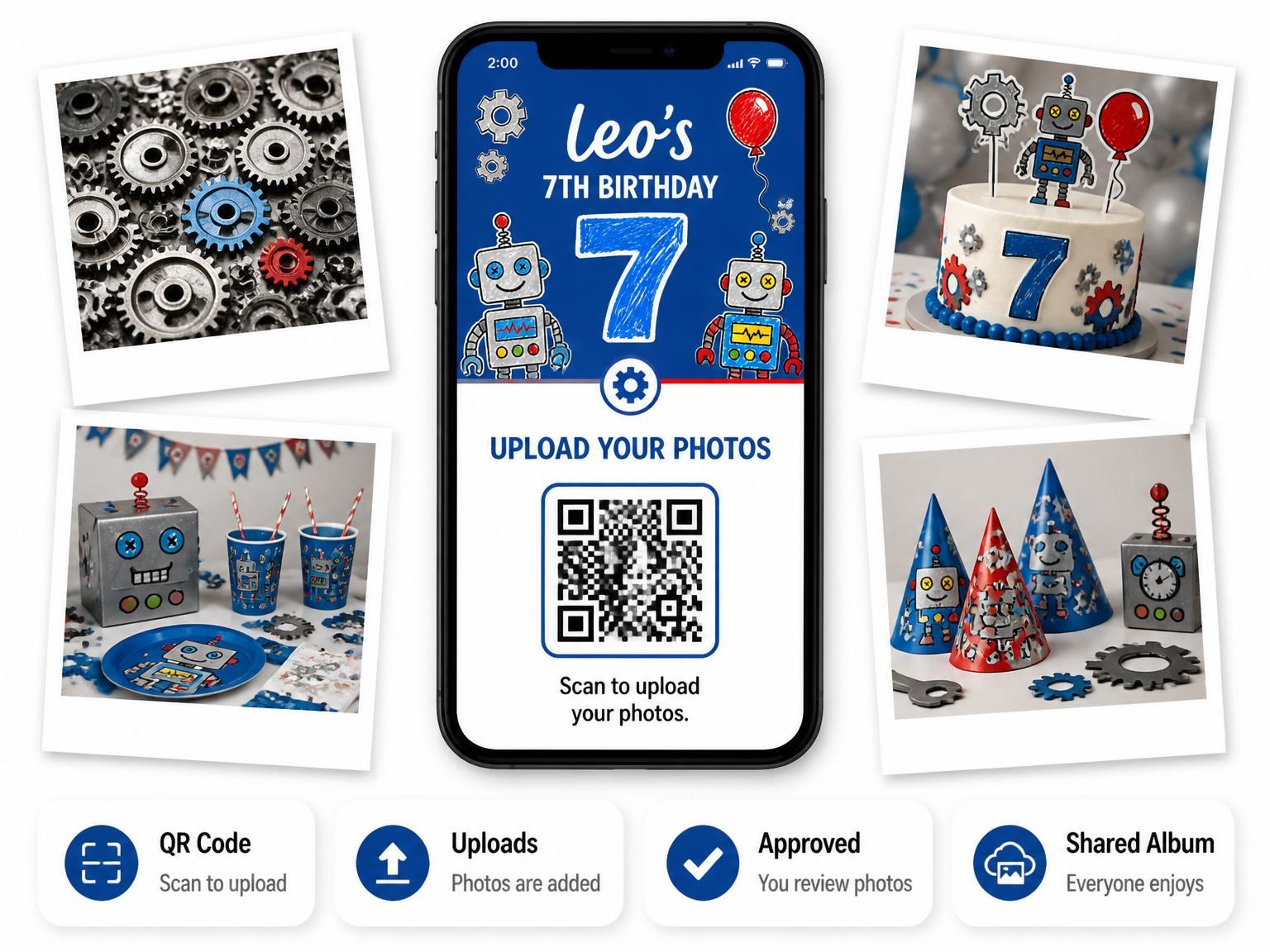 The shared photo gallery that comes with the Crayon Robot Gear 7th Birthday invitation