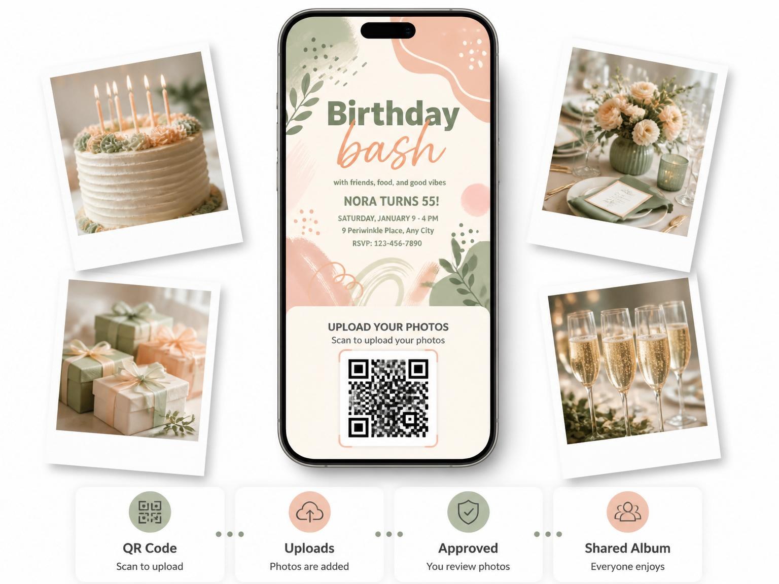 The shared photo gallery that comes with the Sage and Peach Abstract 55th Birthday invitation