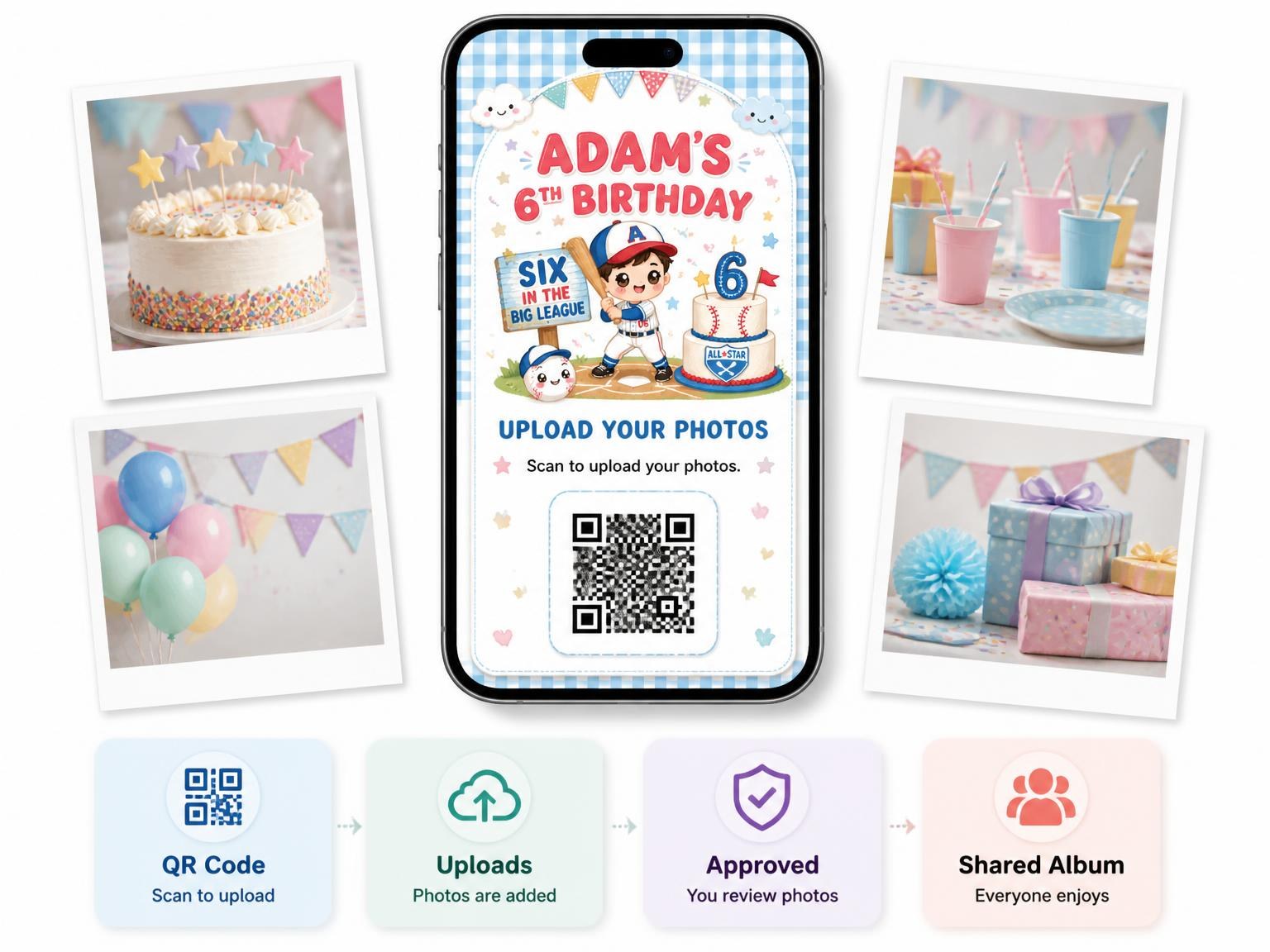 The shared photo gallery that comes with the Baseball Cake Kawaii 6th Birthday Invitation invitation