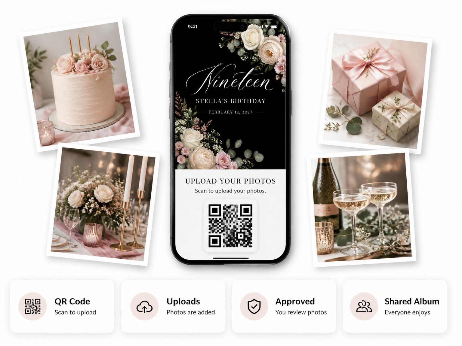 The shared photo gallery that comes with the Black Floral 19th Birthday Invitation invitation