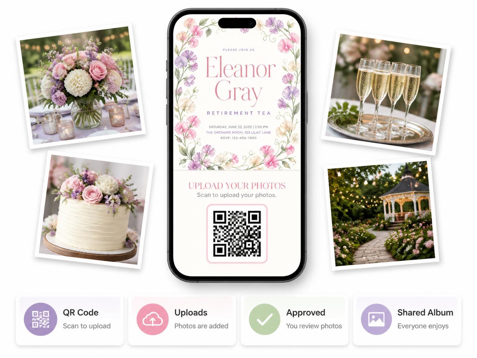 The shared photo gallery that comes with the Winding Vines Retirement Tea Invitation invitation