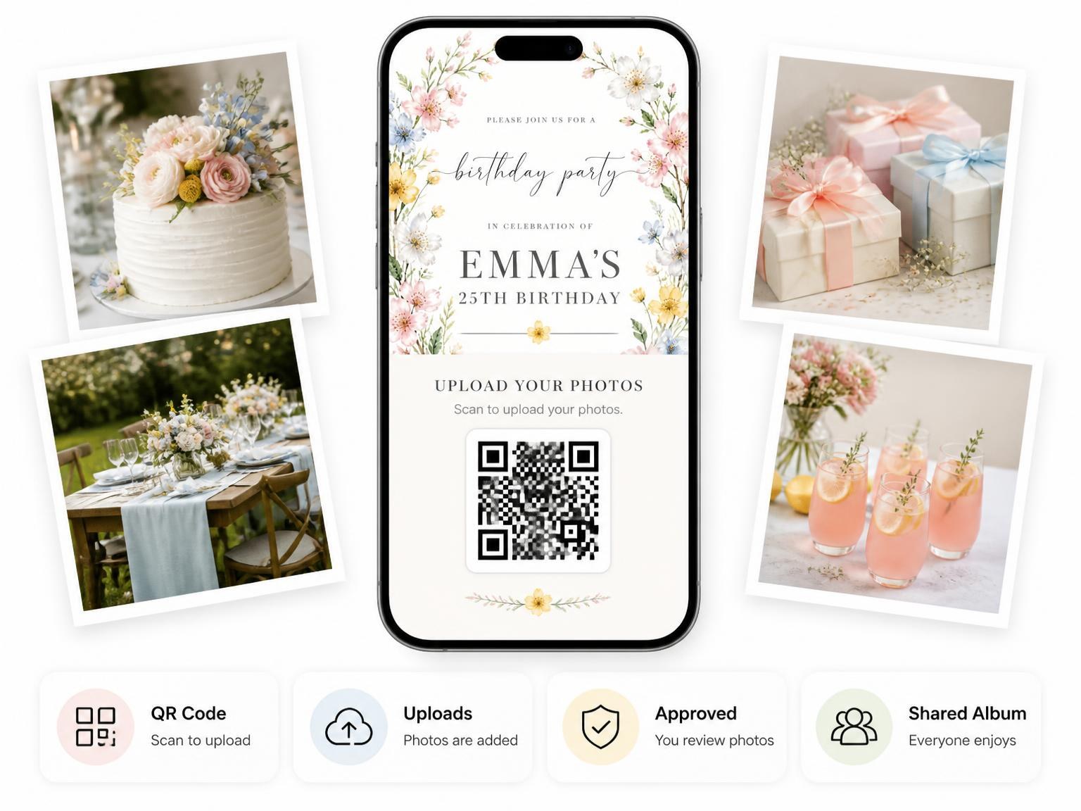 The shared photo gallery that comes with the Spring Floral Wreath 25th Birthday Invitation invitation