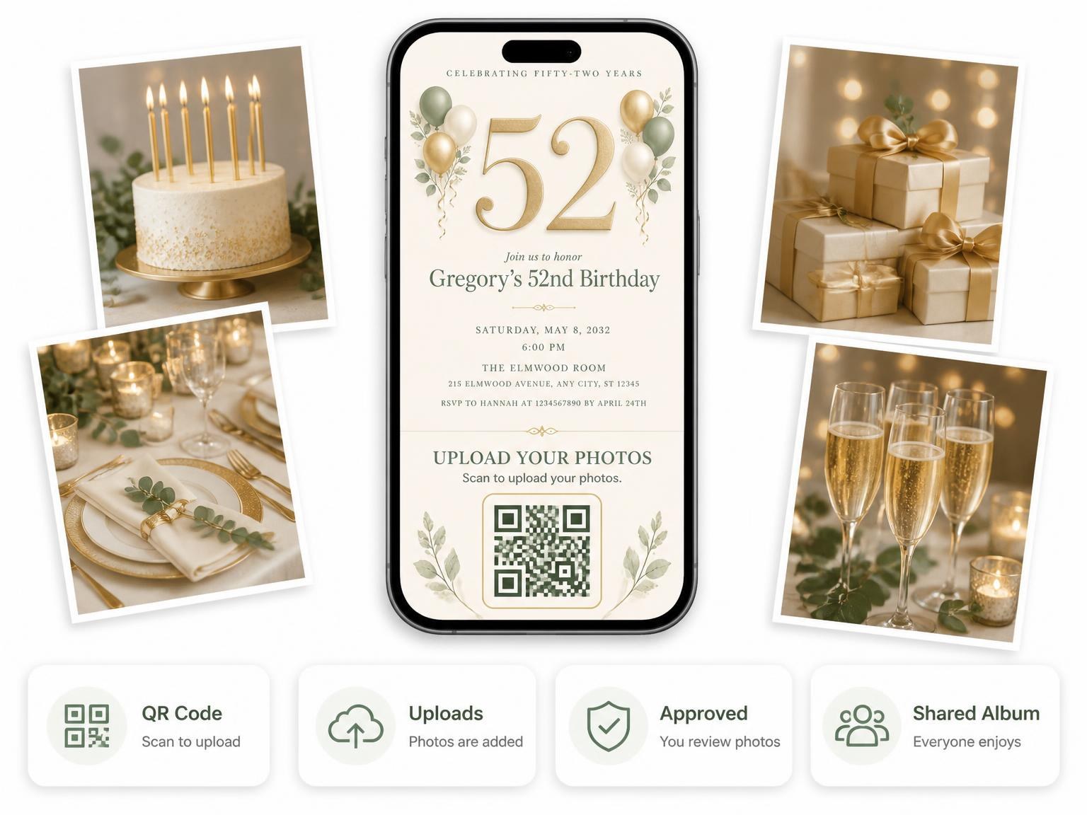 The shared photo gallery that comes with the Sage and Ivory 52nd Birthday Invitation invitation