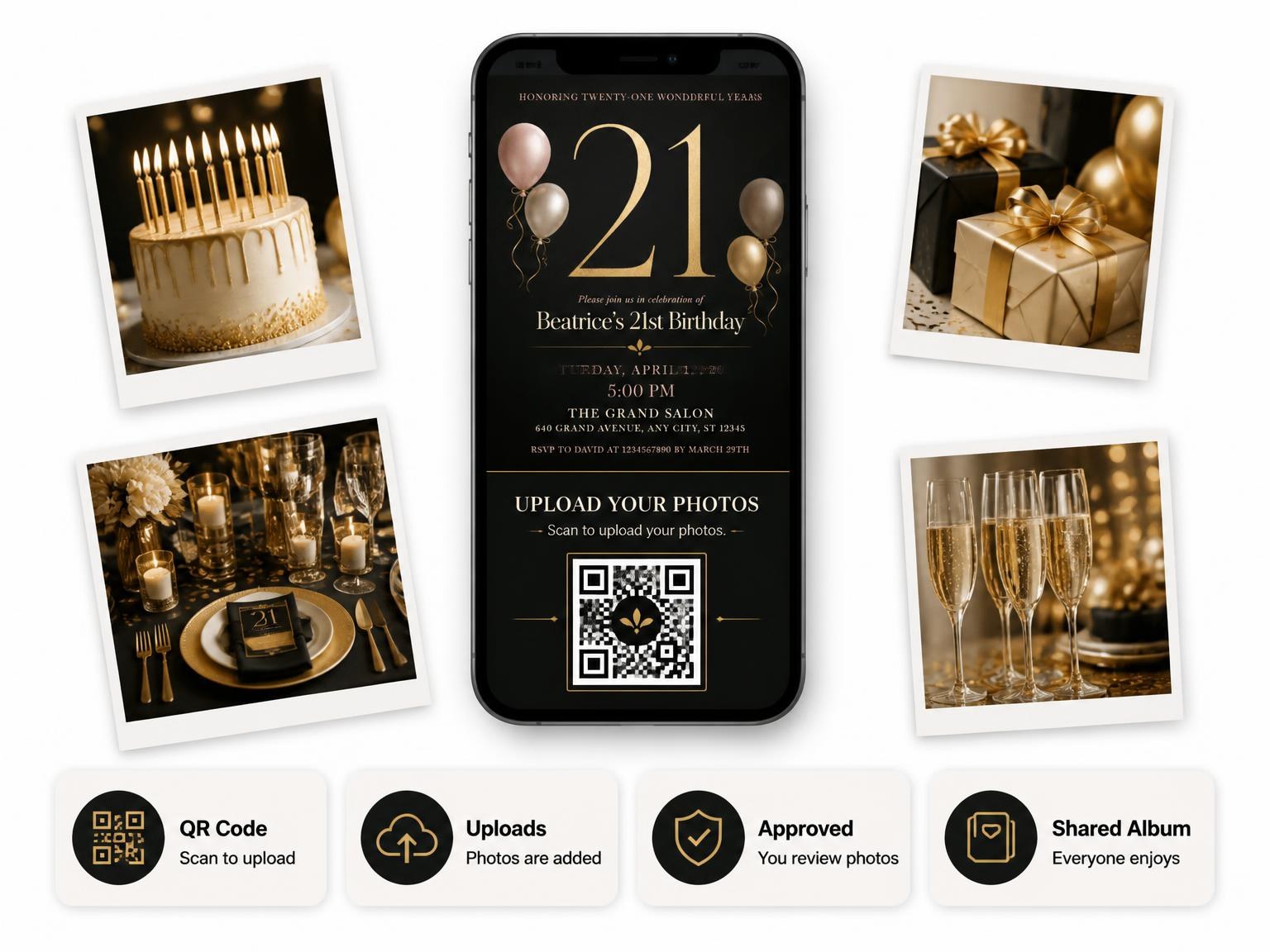 The shared photo gallery that comes with the Charcoal and Blush 21st Birthday Invitation invitation