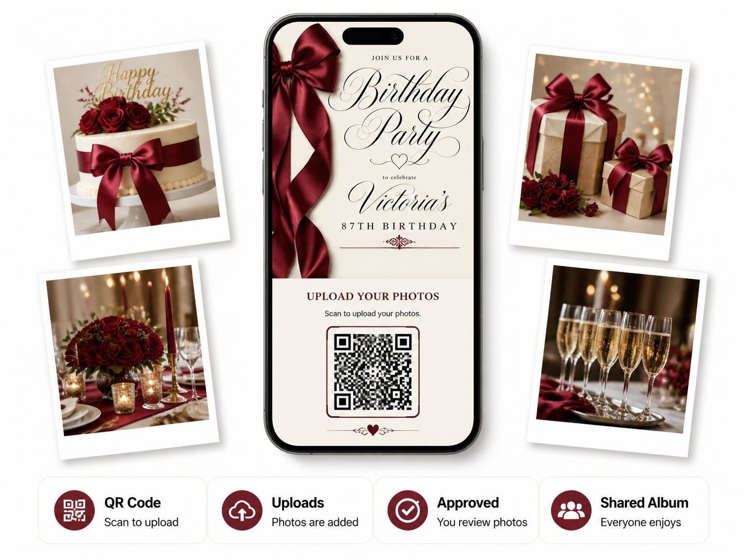 The shared photo gallery that comes with the Burgundy Satin Bow 87th Birthday Invitation invitation