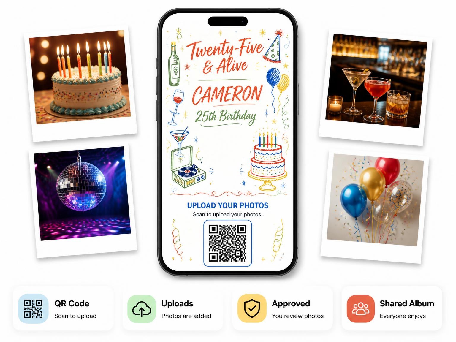 The shared photo gallery that comes with the Retro Doodle 25th Birthday Invitation invitation