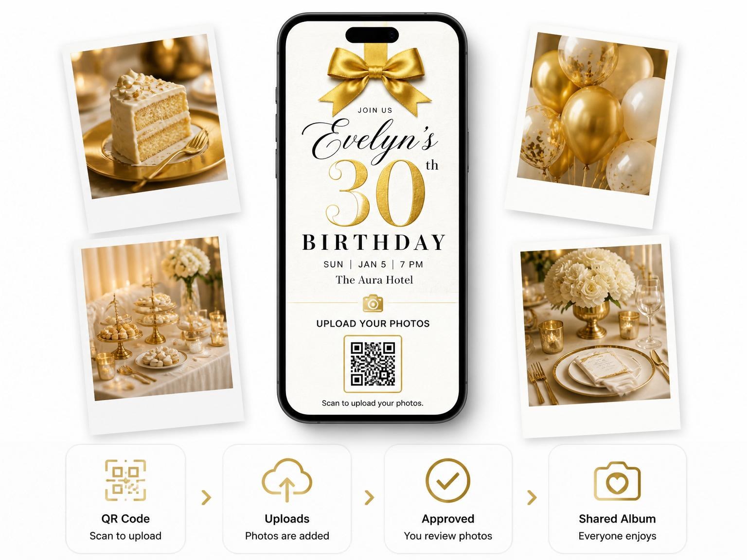 The shared photo gallery that comes with the Gold Ribbon 30th Birthday Invitation invitation