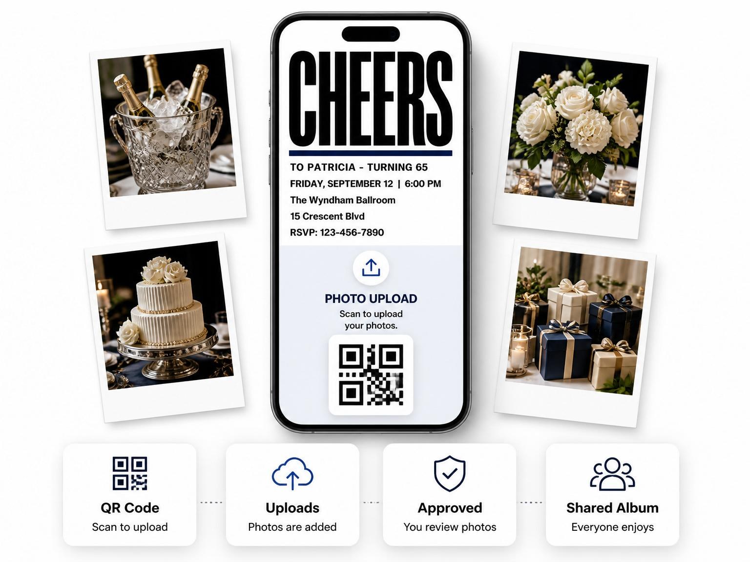 The shared photo gallery that comes with the Minimalist Bold Type 65th Birthday invitation