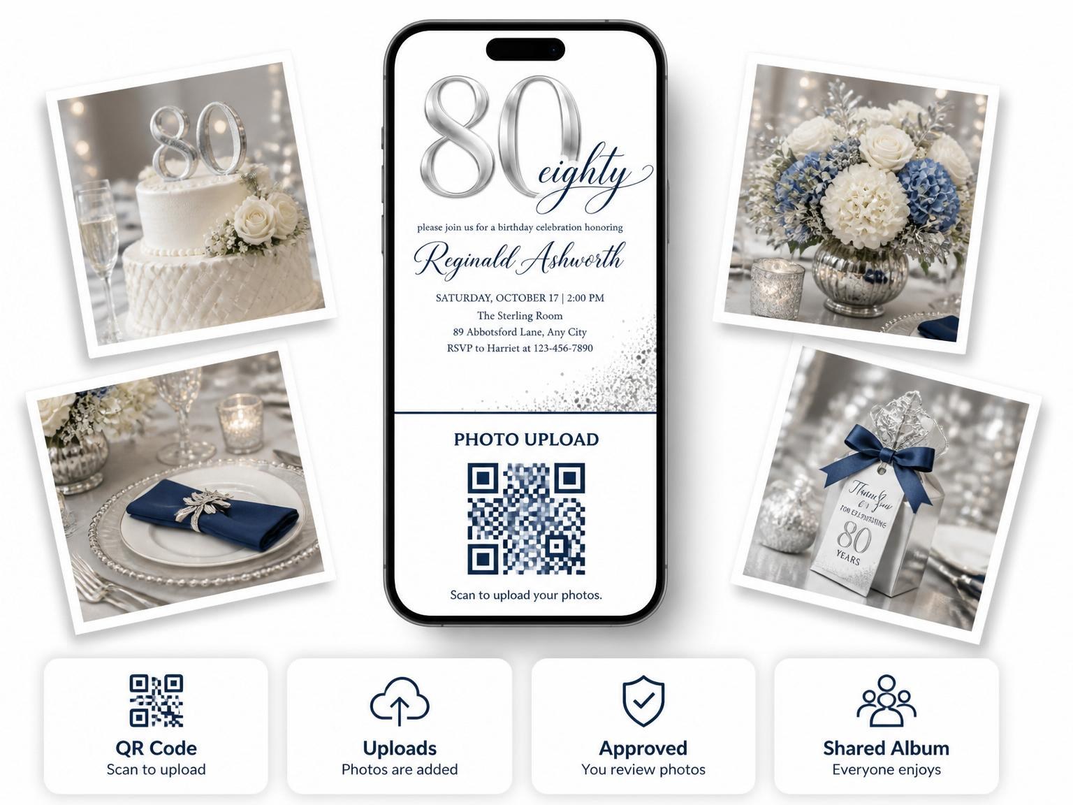 The shared photo gallery that comes with the Silver Metallic 80th Birthday Invitation invitation