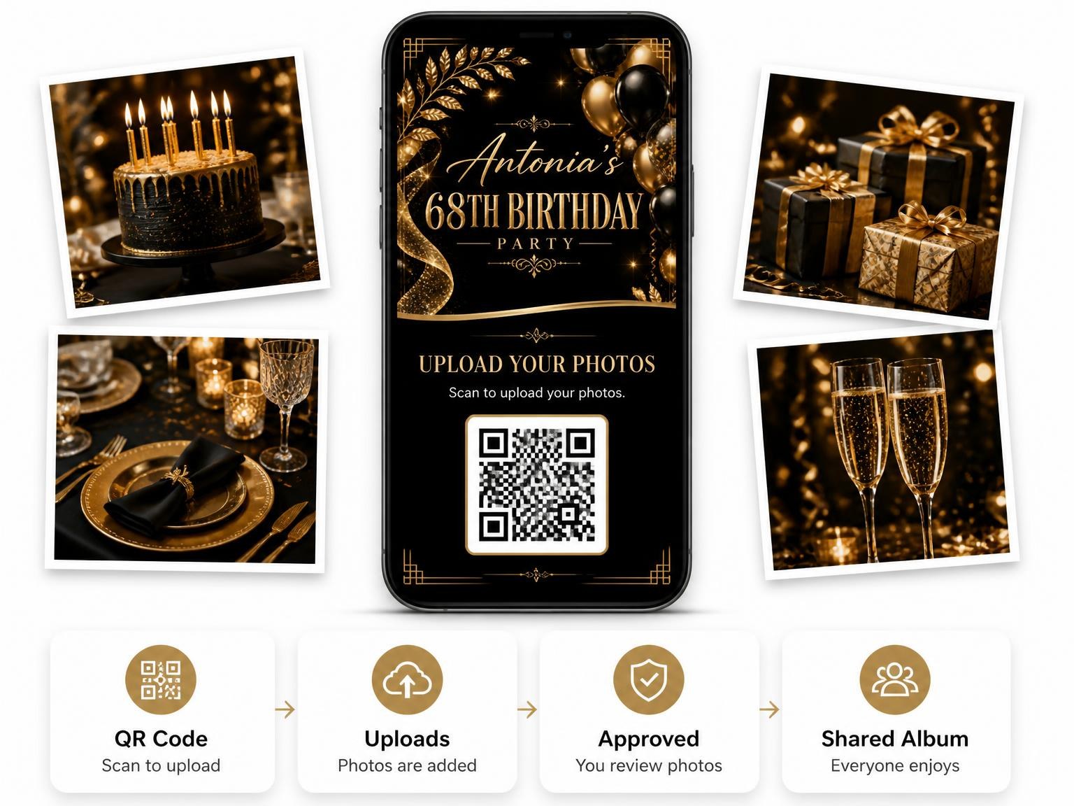 The shared photo gallery that comes with the Black and Gold 68th Birthday Invitation invitation