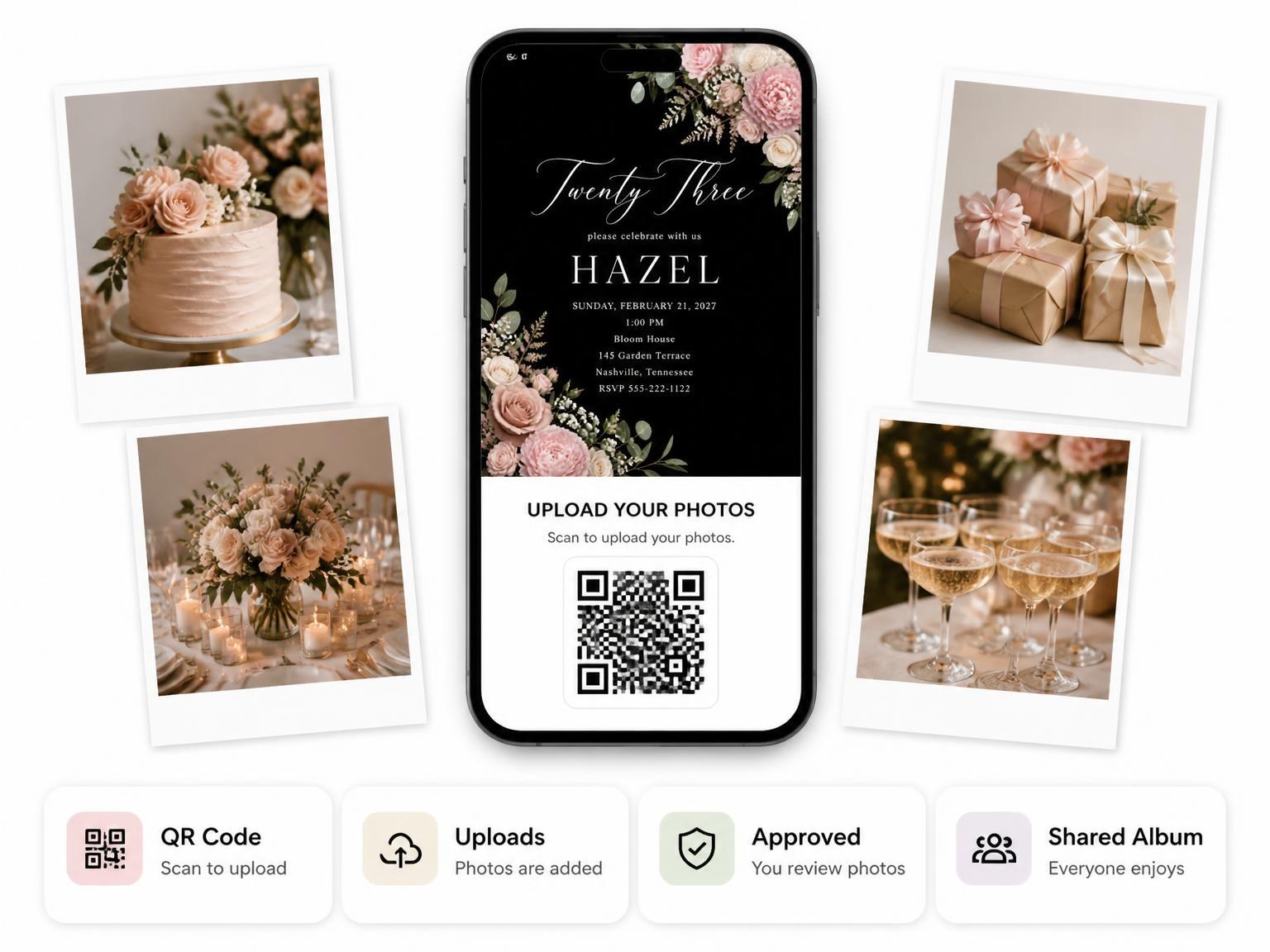 The shared photo gallery that comes with the Black Floral 23rd Birthday Invitation invitation