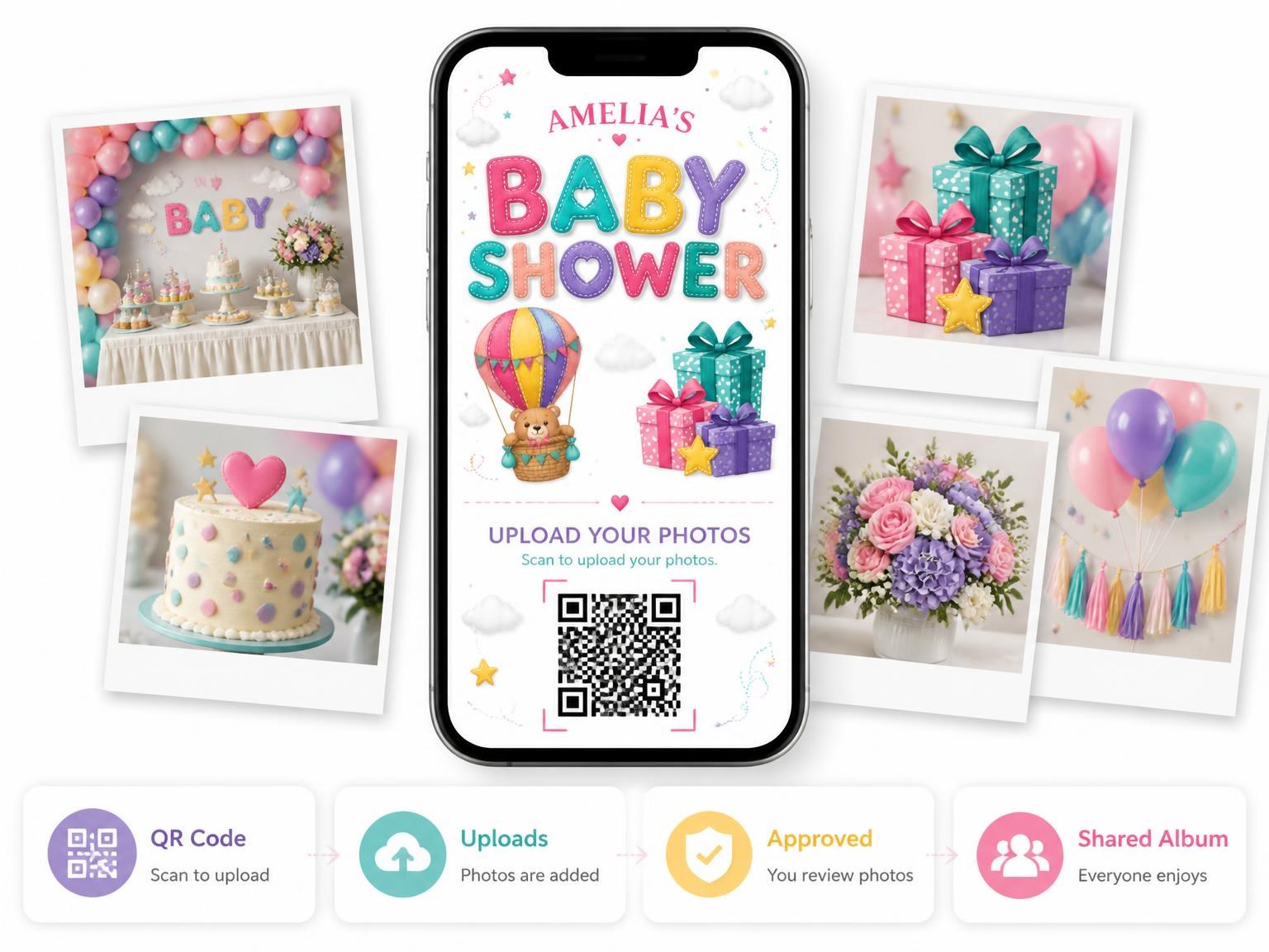 The shared photo gallery that comes with the Gift Box Baby Shower Invitation invitation