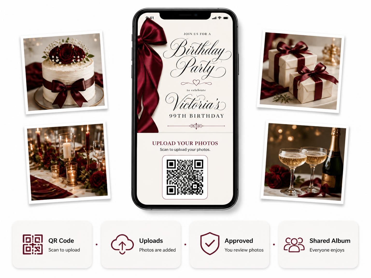 The shared photo gallery that comes with the Burgundy Satin Bow 99th Birthday Invitation invitation