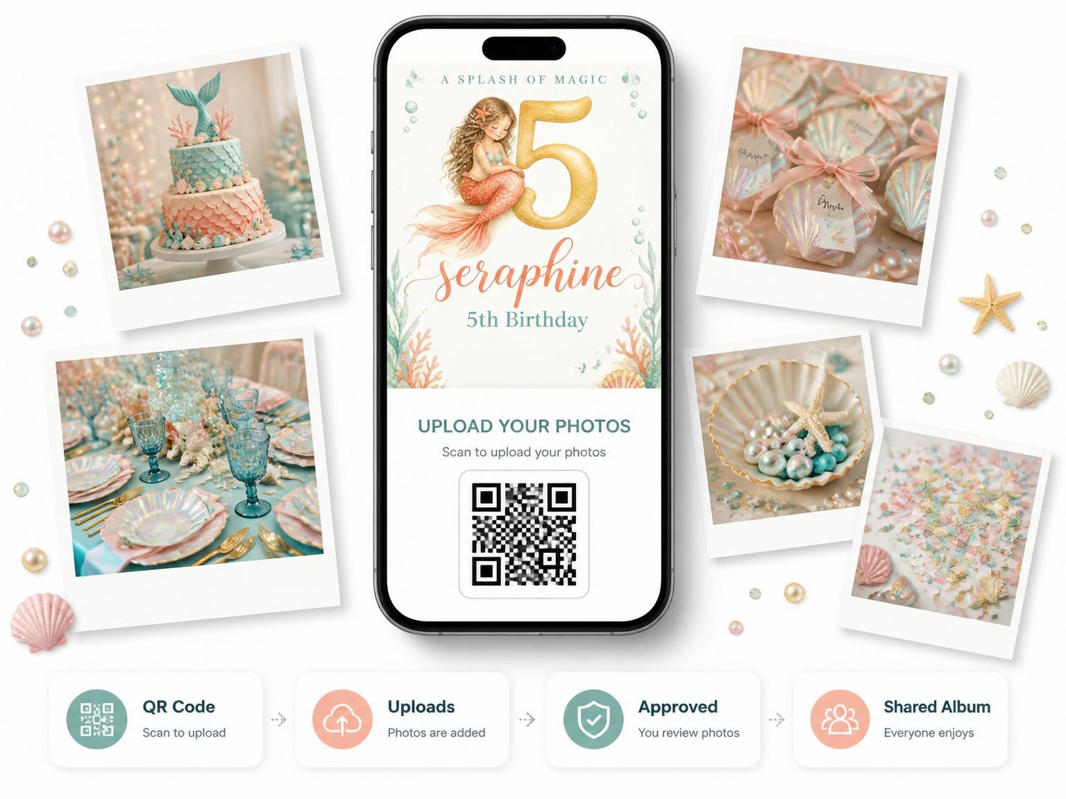 The shared photo gallery that comes with the Watercolor Mermaid Coral 5th Birthday invitation