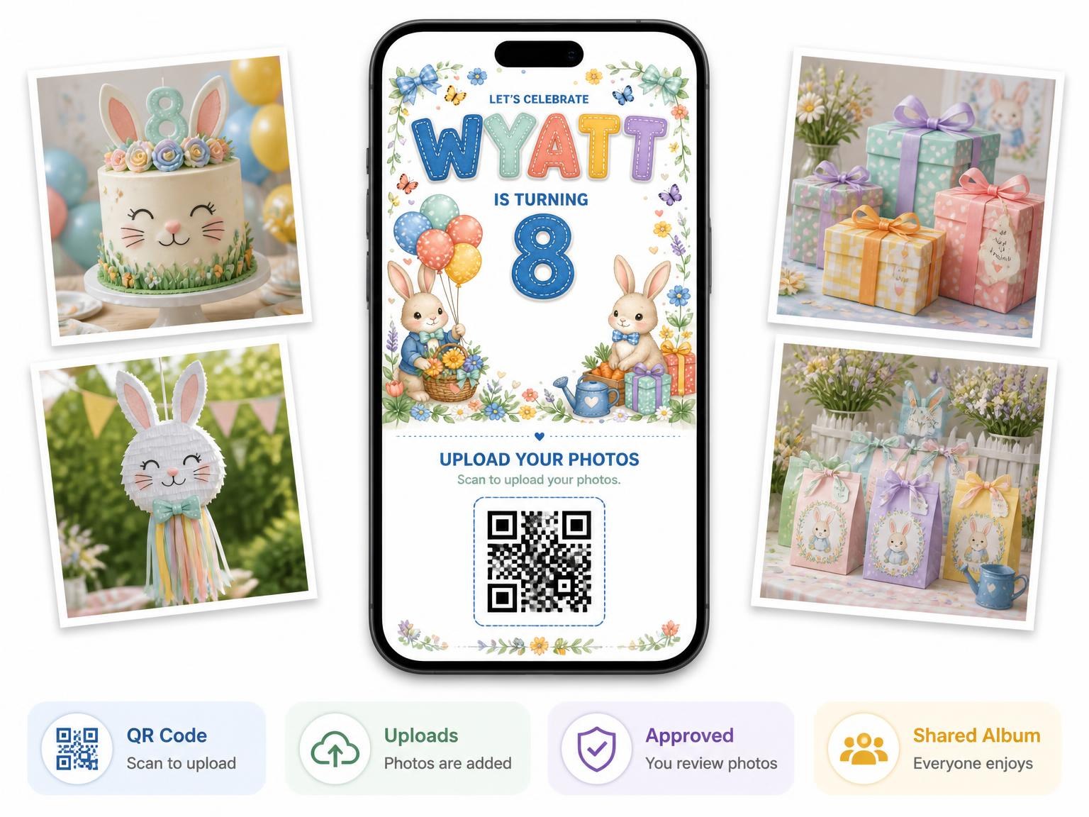 The shared photo gallery that comes with the Stitched Bunny Garden 8th Birthday Invitation invitation