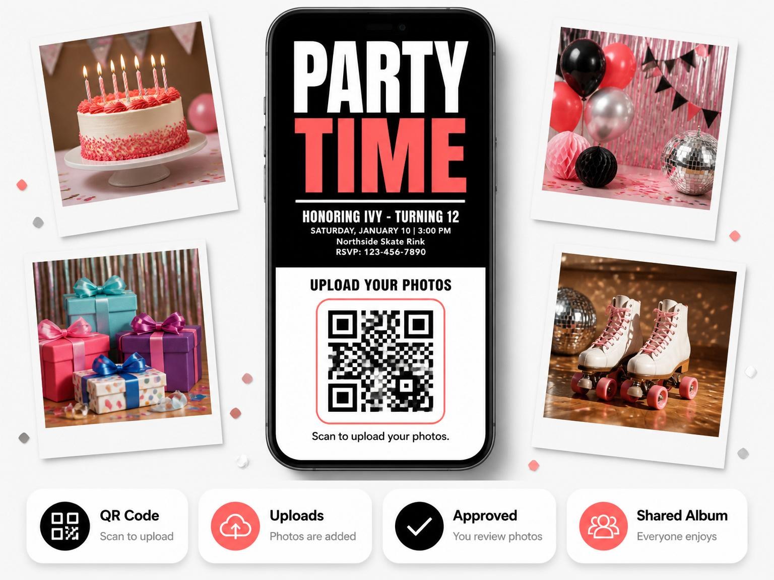 The shared photo gallery that comes with the Neon Red Minimalist 12th Birthday Invitation invitation