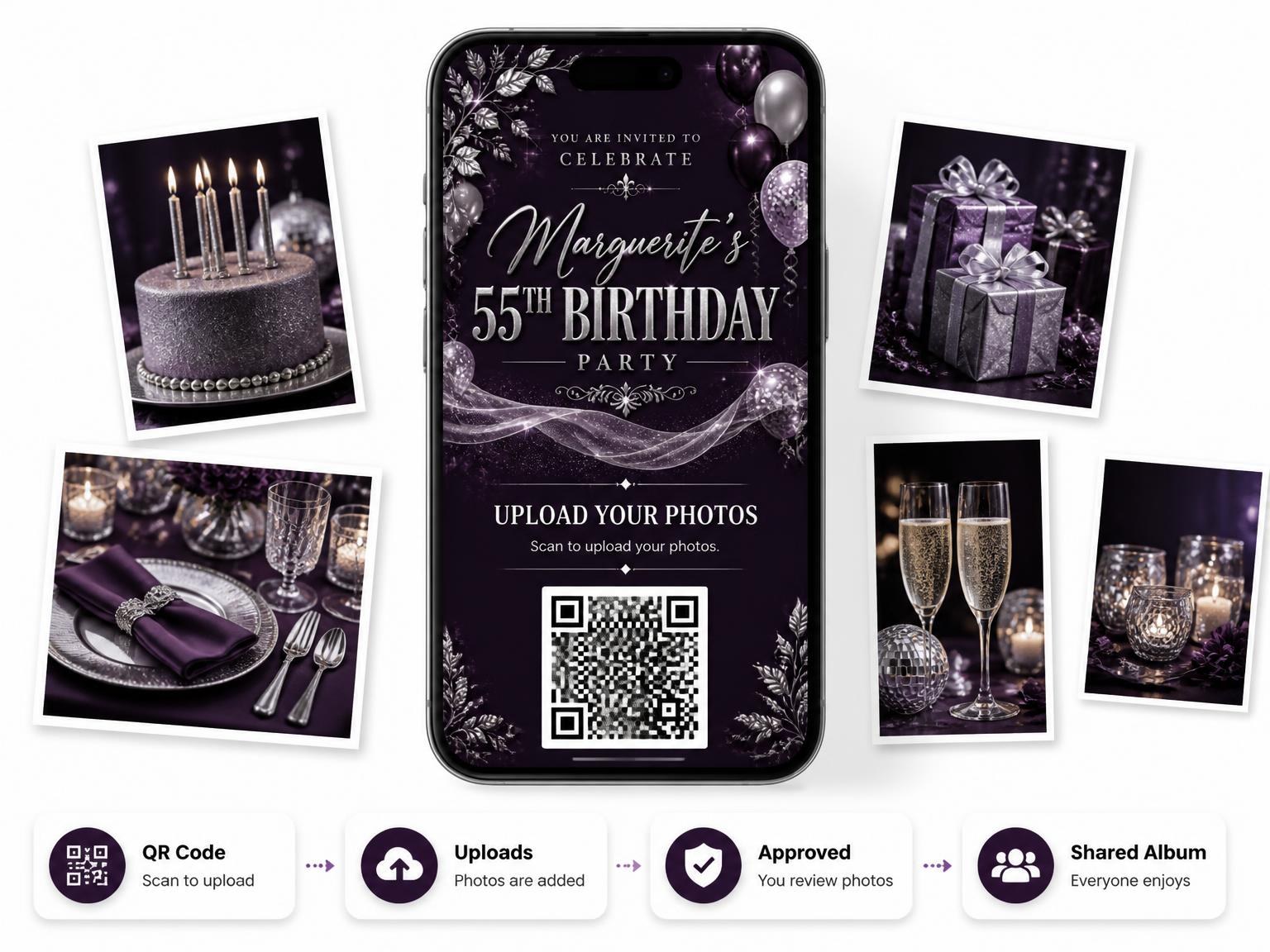 The shared photo gallery that comes with the Plum and Silver 55th Birthday Invitation invitation