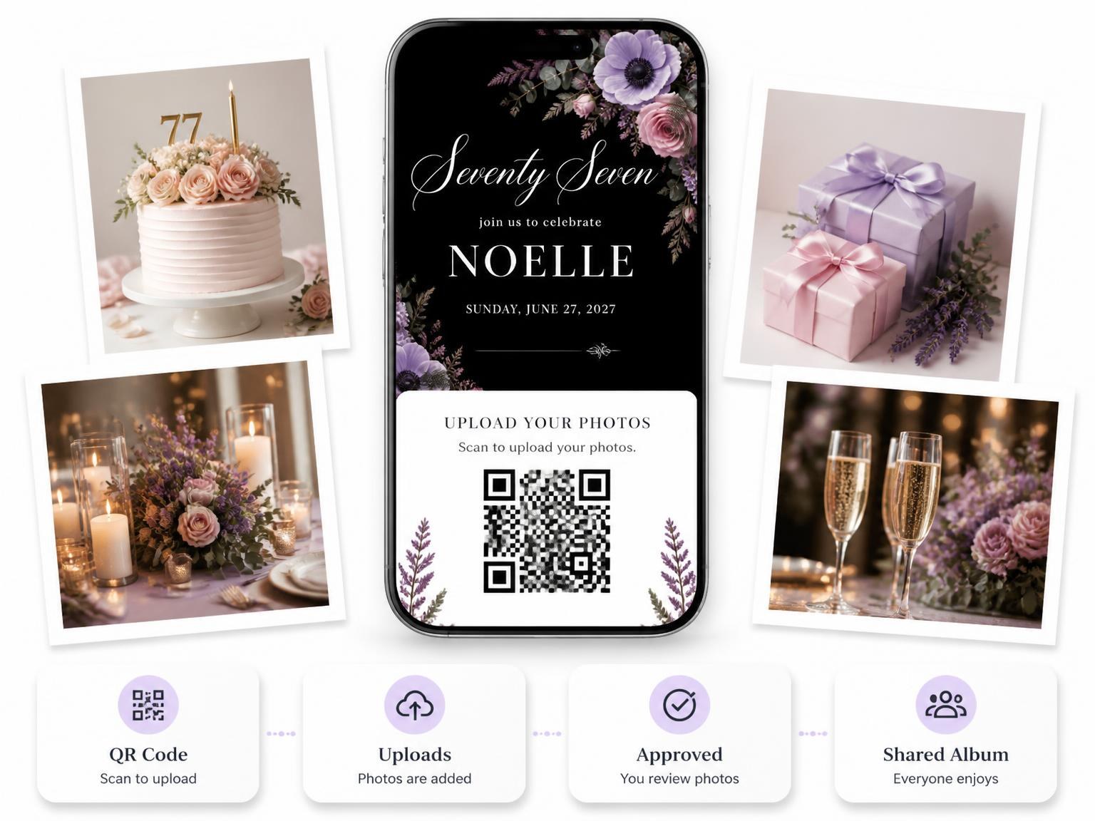 The shared photo gallery that comes with the Black Floral 77th Birthday Invitation invitation