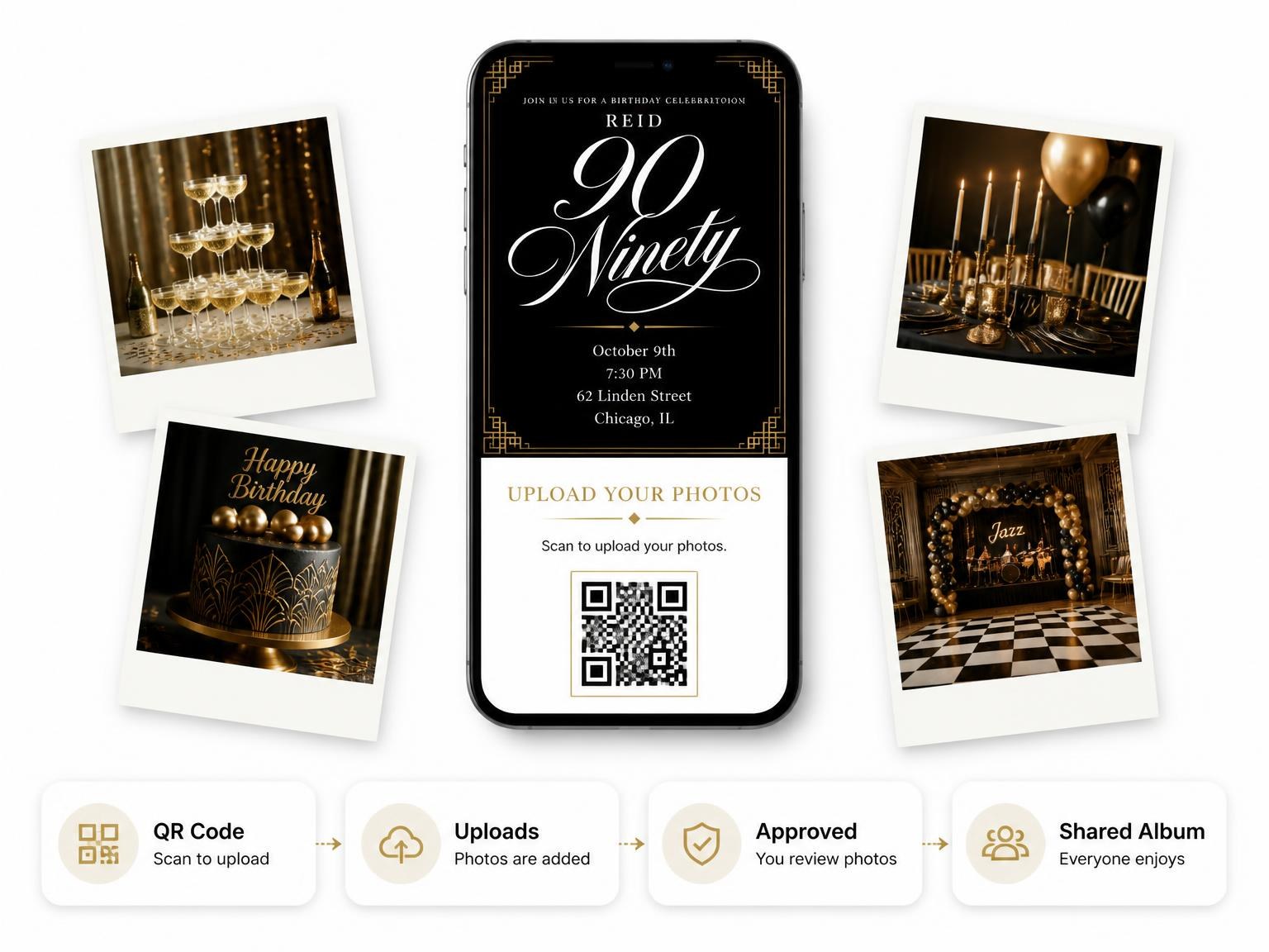 The shared photo gallery that comes with the Art Deco 90th Birthday Invitation invitation