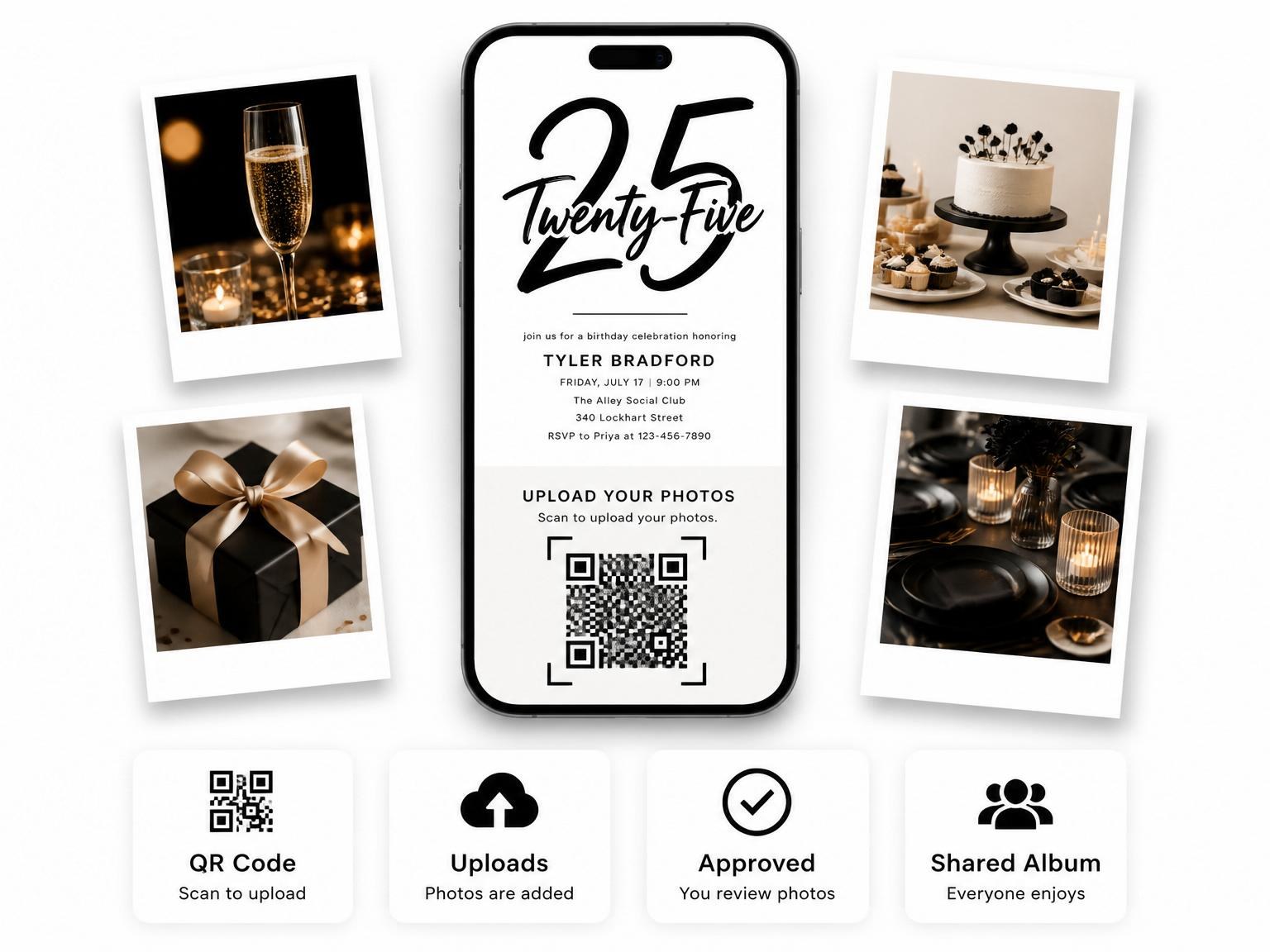 The shared photo gallery that comes with the Black Brush Script 25th Birthday invitation