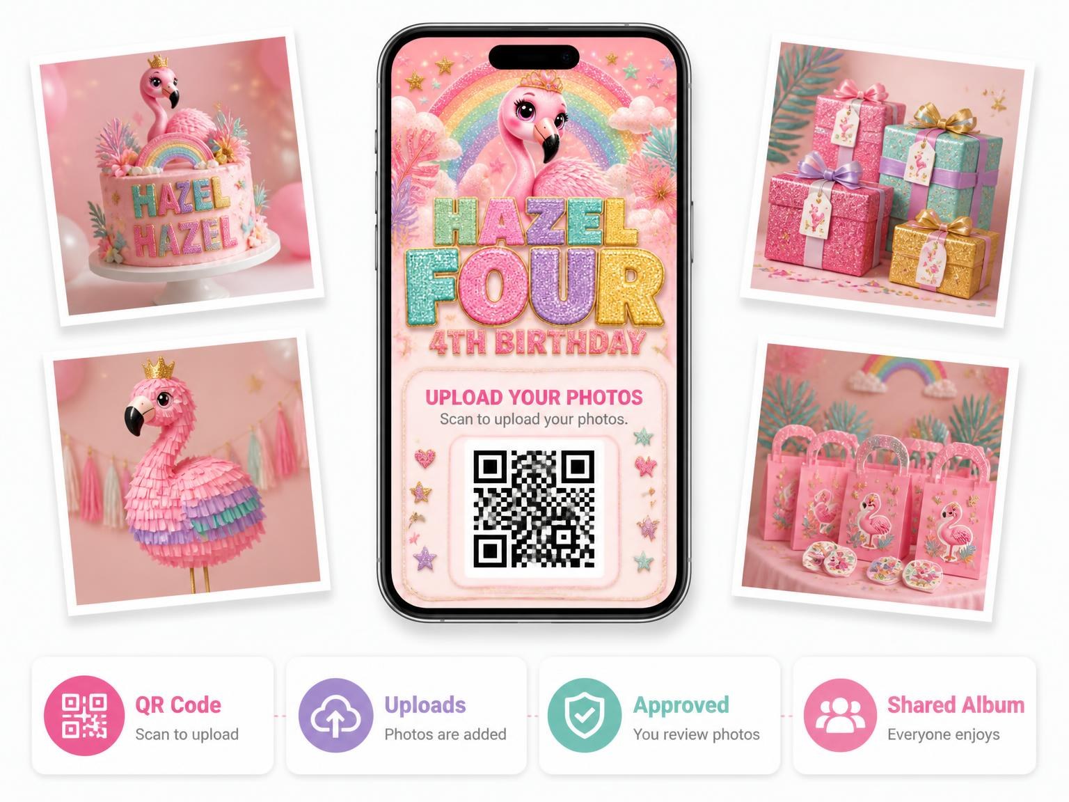 The shared photo gallery that comes with the Glitter Flamingo 4th Birthday Invitation invitation