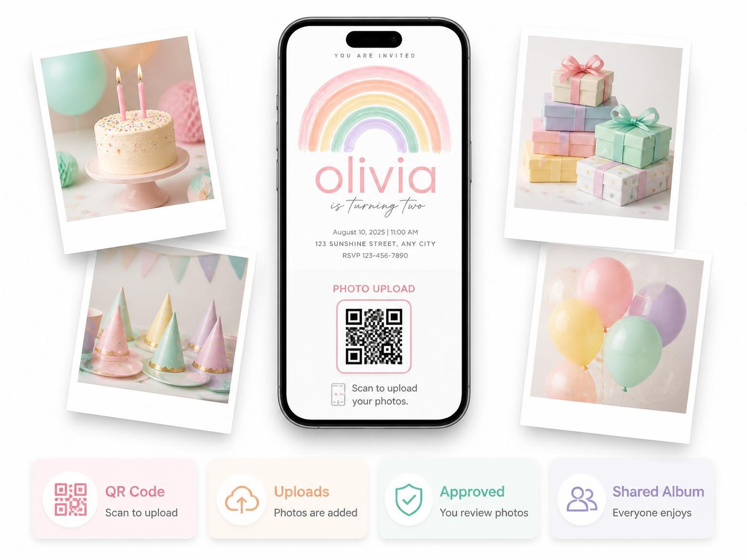 The shared photo gallery that comes with the Pastel Hand-Painted Rainbow 2nd Birthday invitation