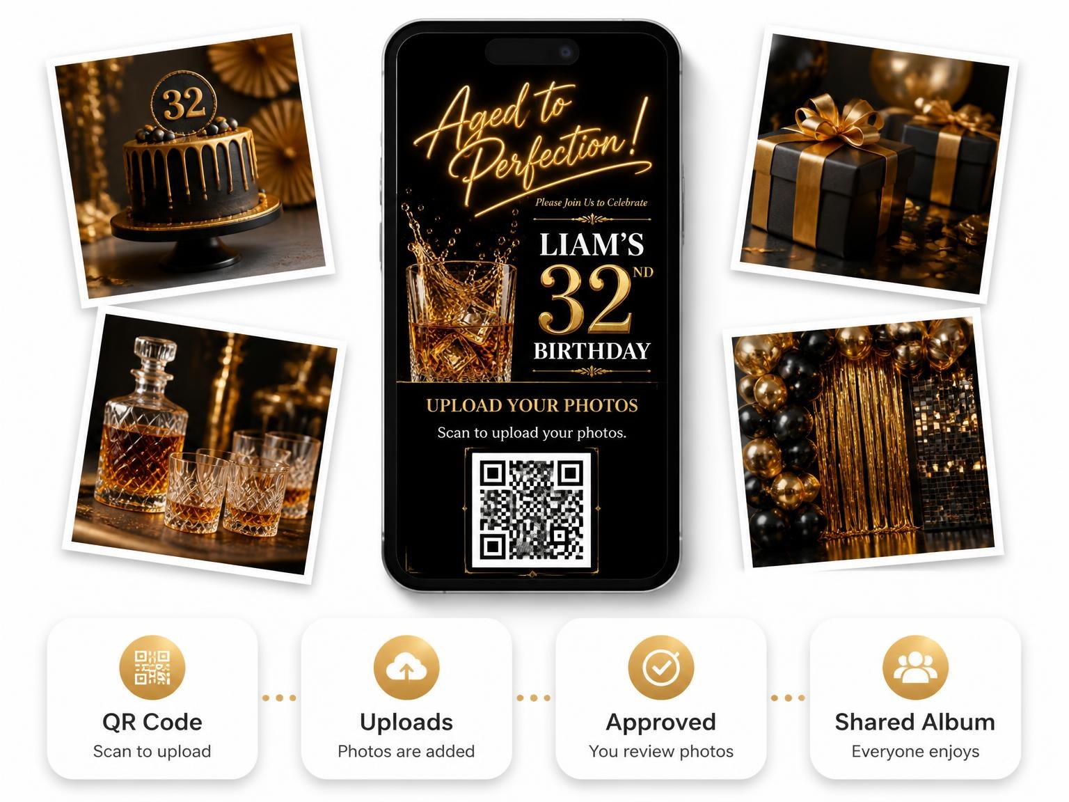 The shared photo gallery that comes with the Whiskey Glass 32nd Birthday Invitation invitation