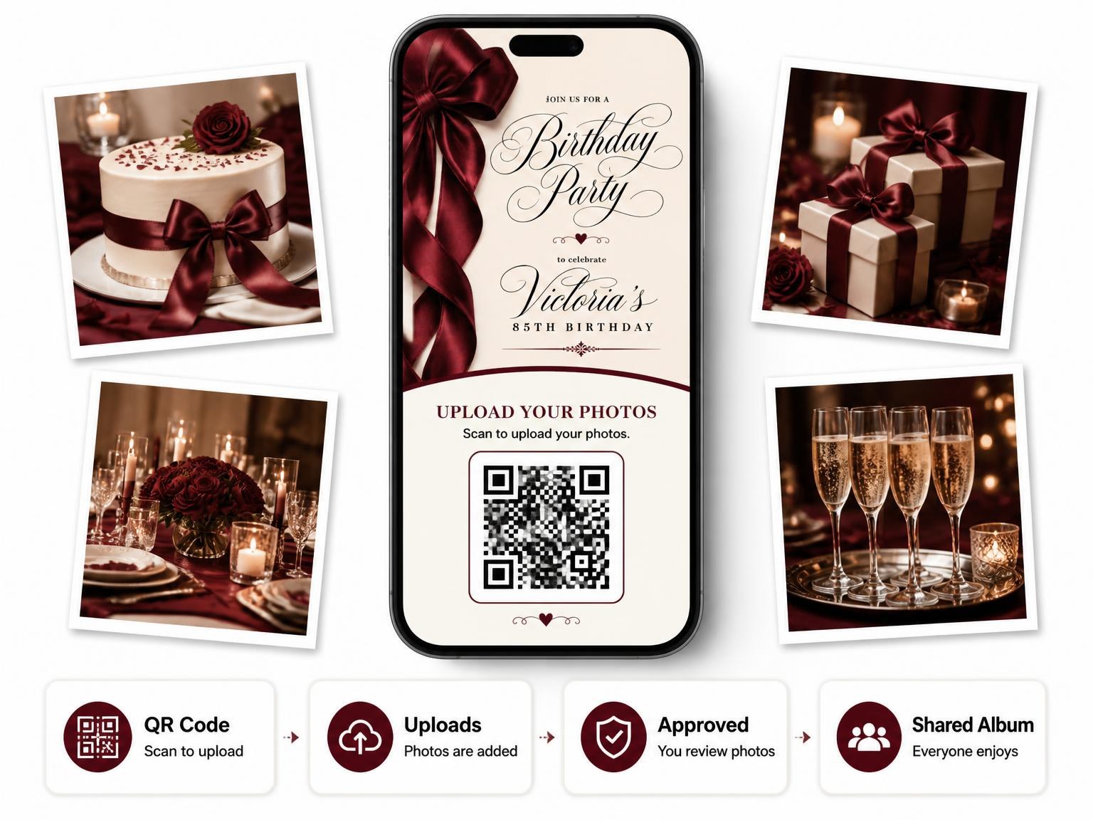 The shared photo gallery that comes with the Burgundy Satin Bow 85th Birthday Invitation invitation