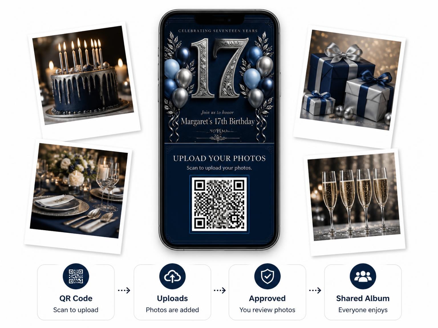 The shared photo gallery that comes with the Navy and Silver 17th Birthday Invitation invitation