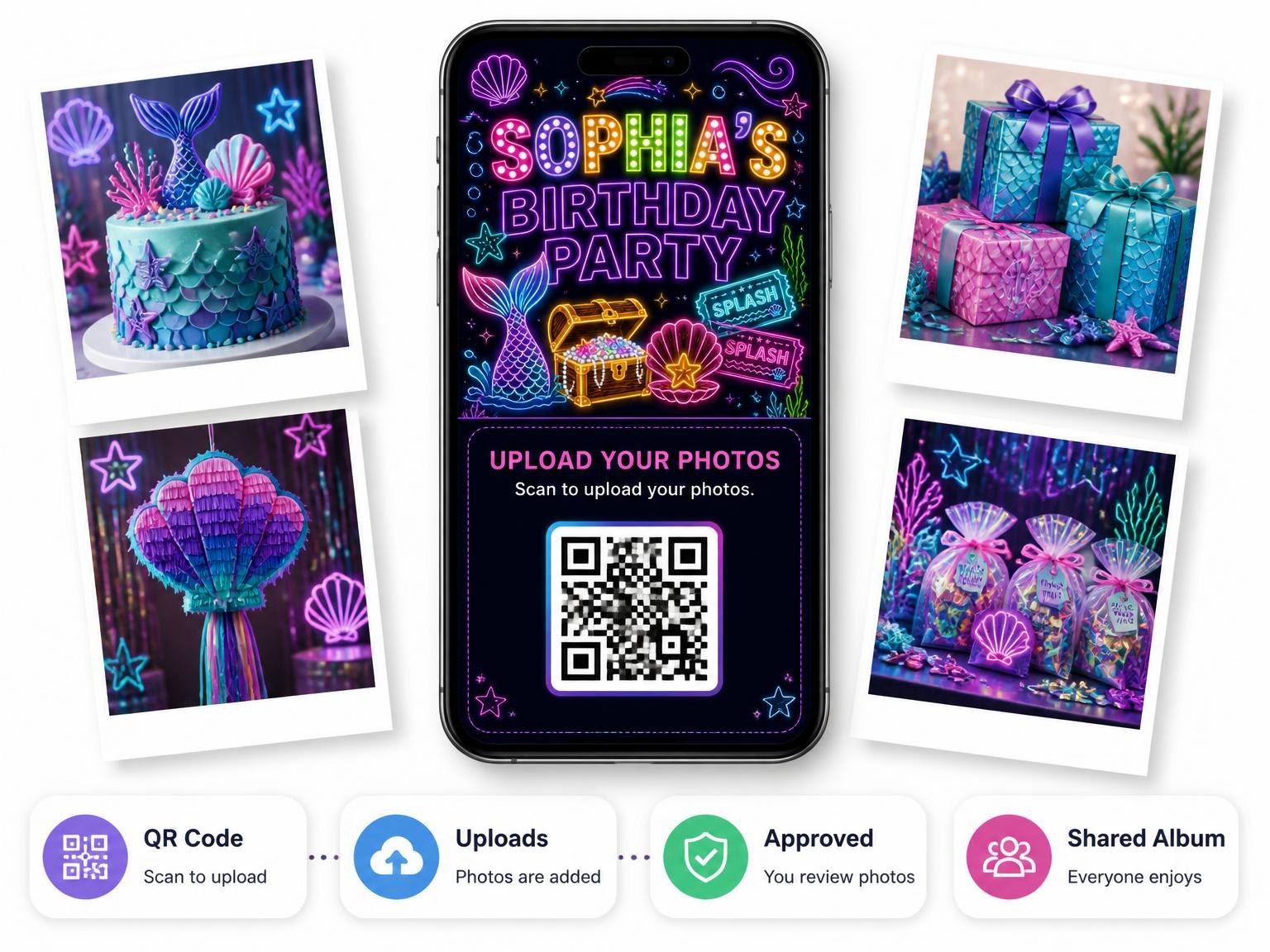 The shared photo gallery that comes with the Neon Mermaid 6th Birthday Invitation invitation