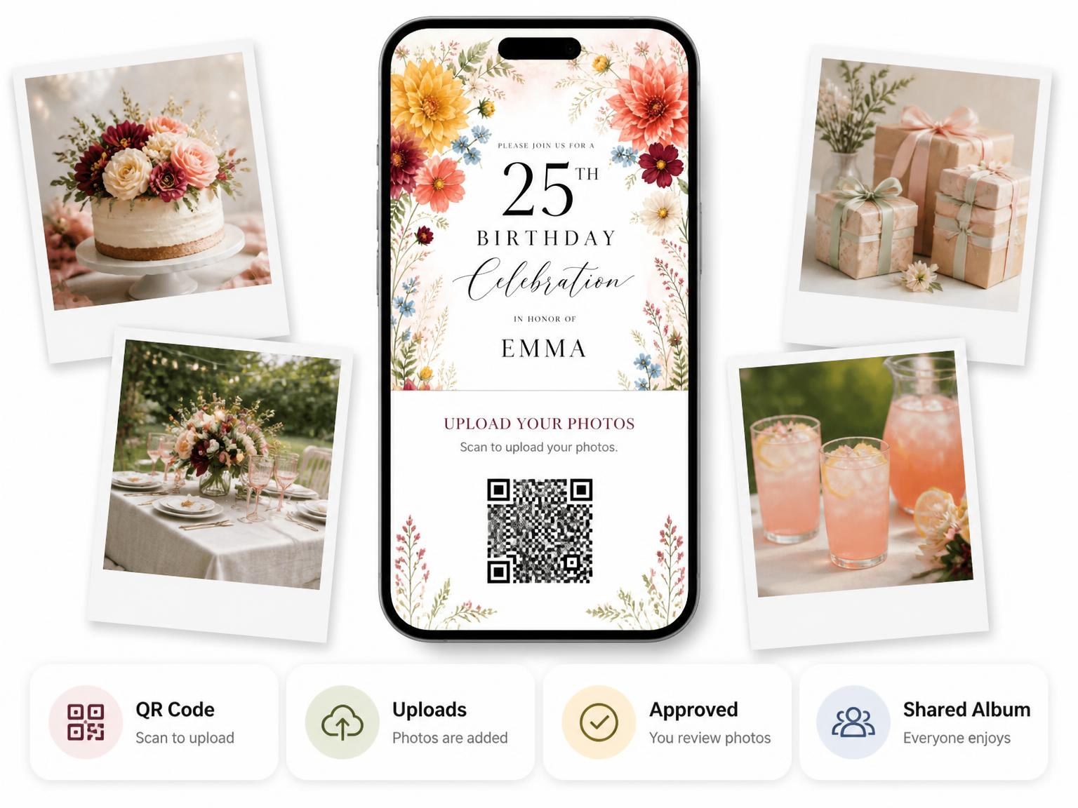 The shared photo gallery that comes with the Golden Watercolor Dahlia 25th Birthday Invitation invitation
