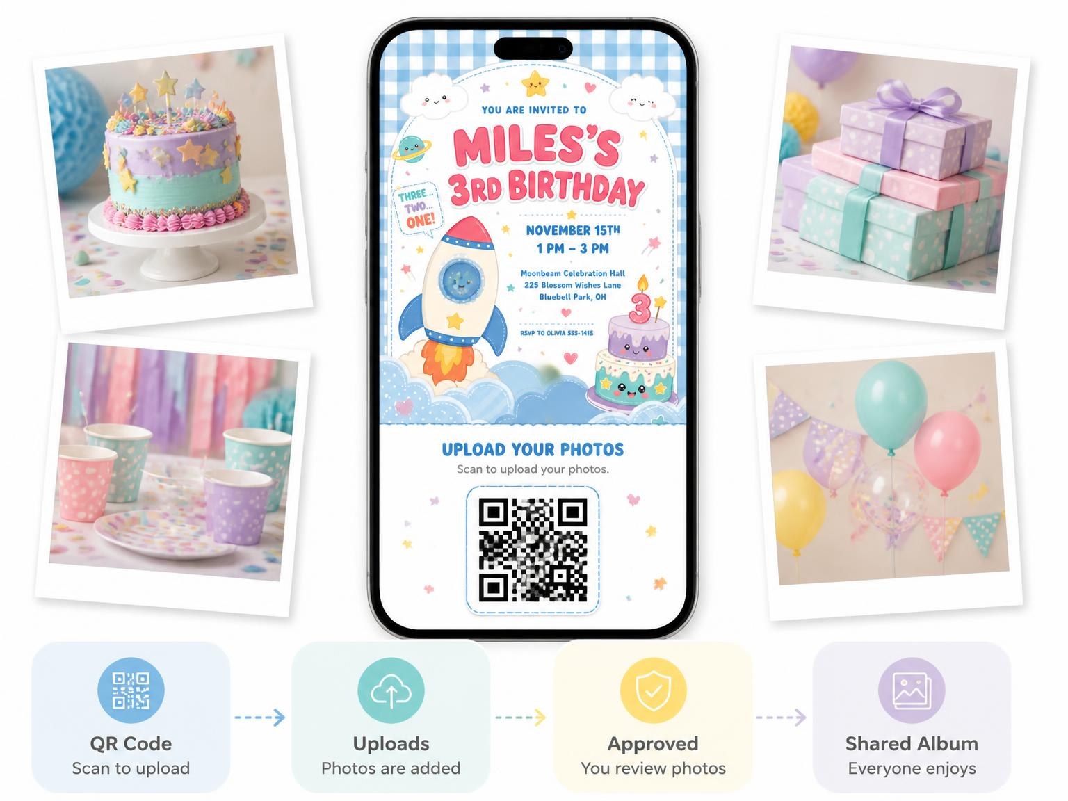 The shared photo gallery that comes with the Kawaii Rocket Ship 3rd Birthday Invitation invitation