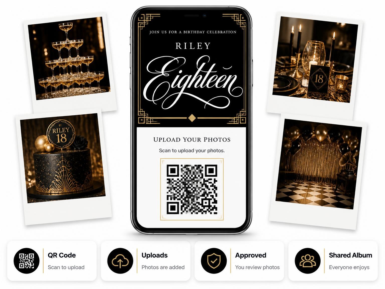 The shared photo gallery that comes with the Art Deco 18th Birthday Invitation invitation