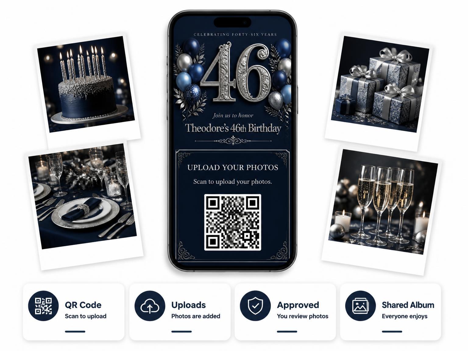 The shared photo gallery that comes with the Navy and Silver 46th Birthday Invitation invitation