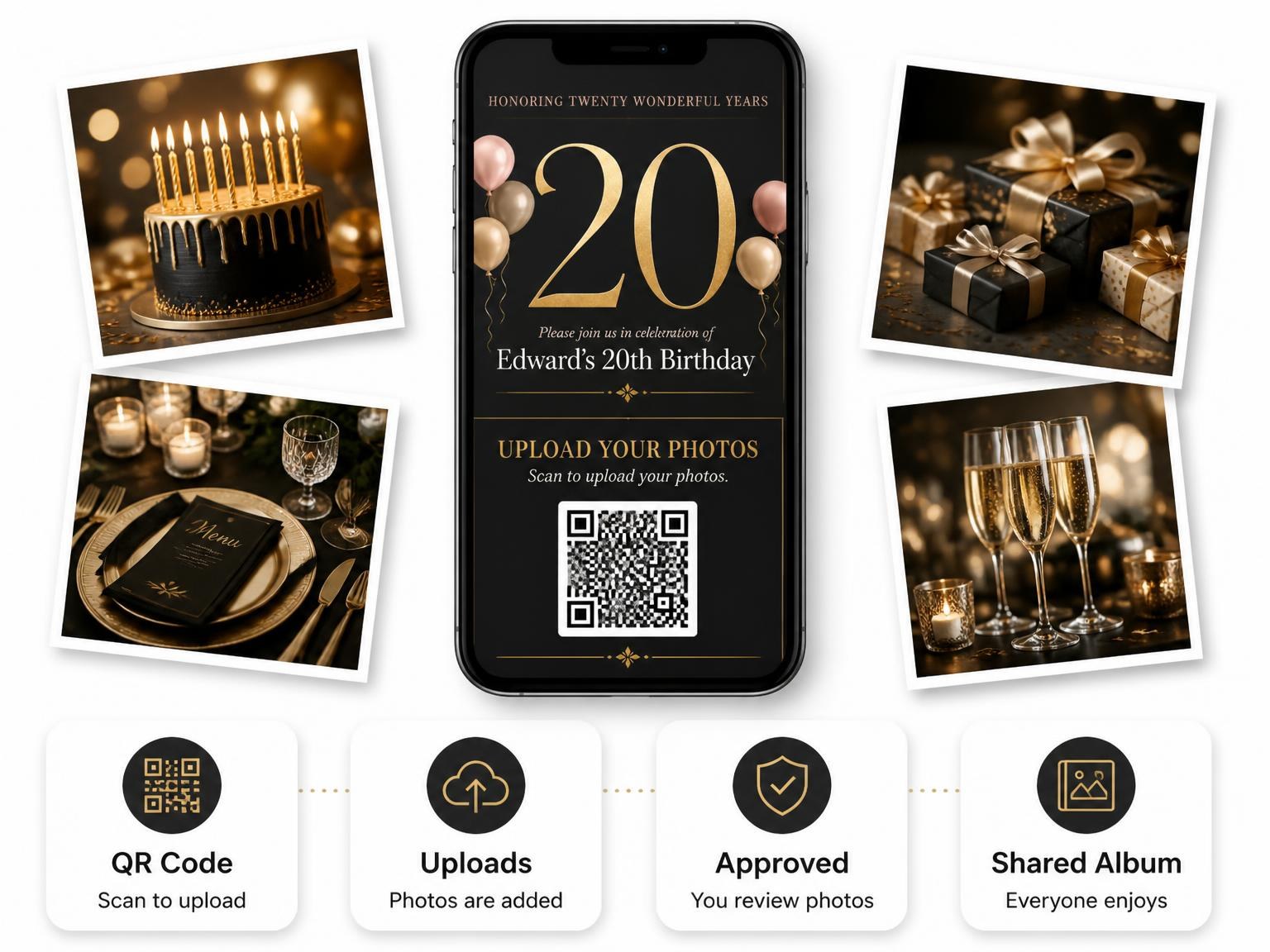 The shared photo gallery that comes with the Charcoal and Blush 20th Birthday Invitation invitation