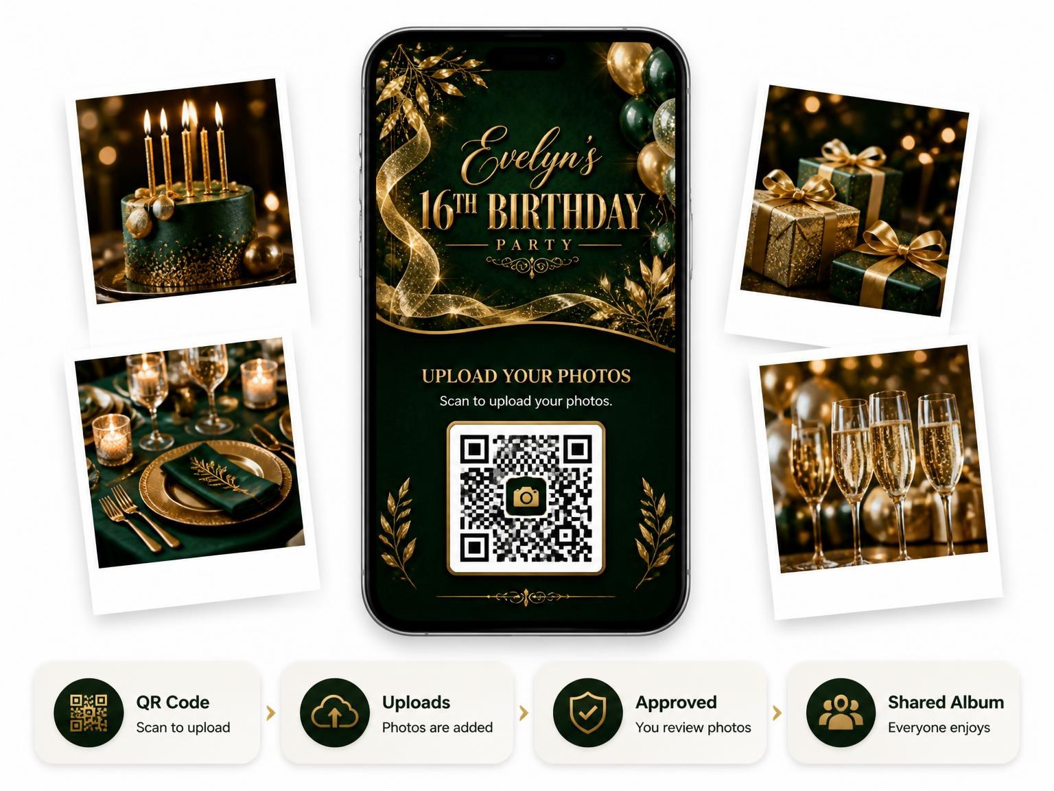 The shared photo gallery that comes with the Emerald and Champagne 16th Birthday Invitation invitation