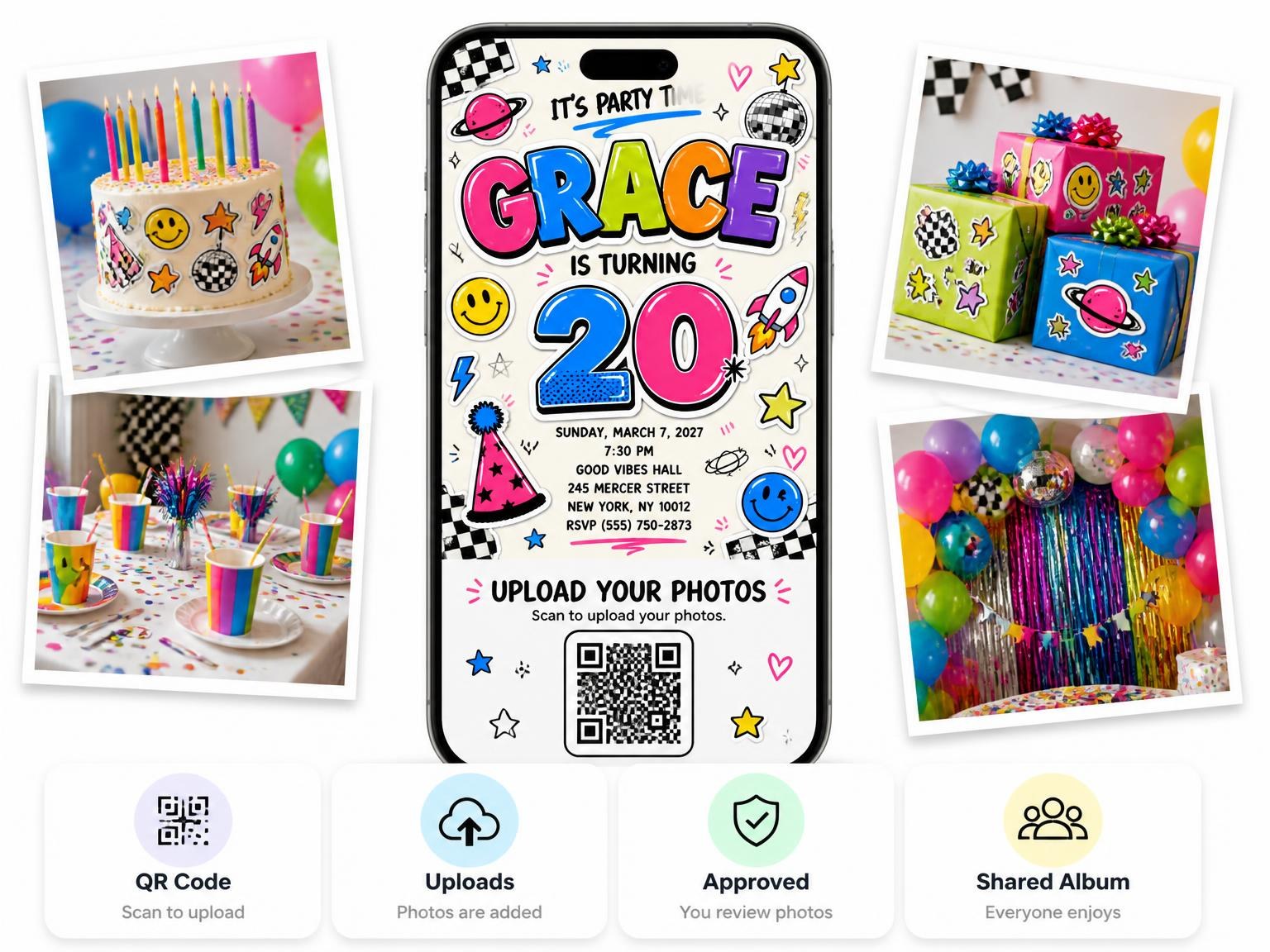 The shared photo gallery that comes with the Sticker Pop 20th Birthday Invitation invitation