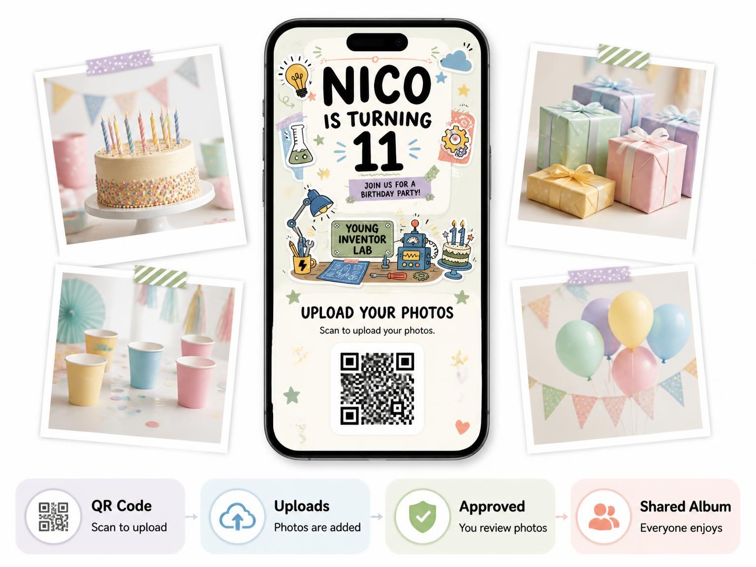 The shared photo gallery that comes with the Lightbulb Pastel 11th Birthday Invitation invitation