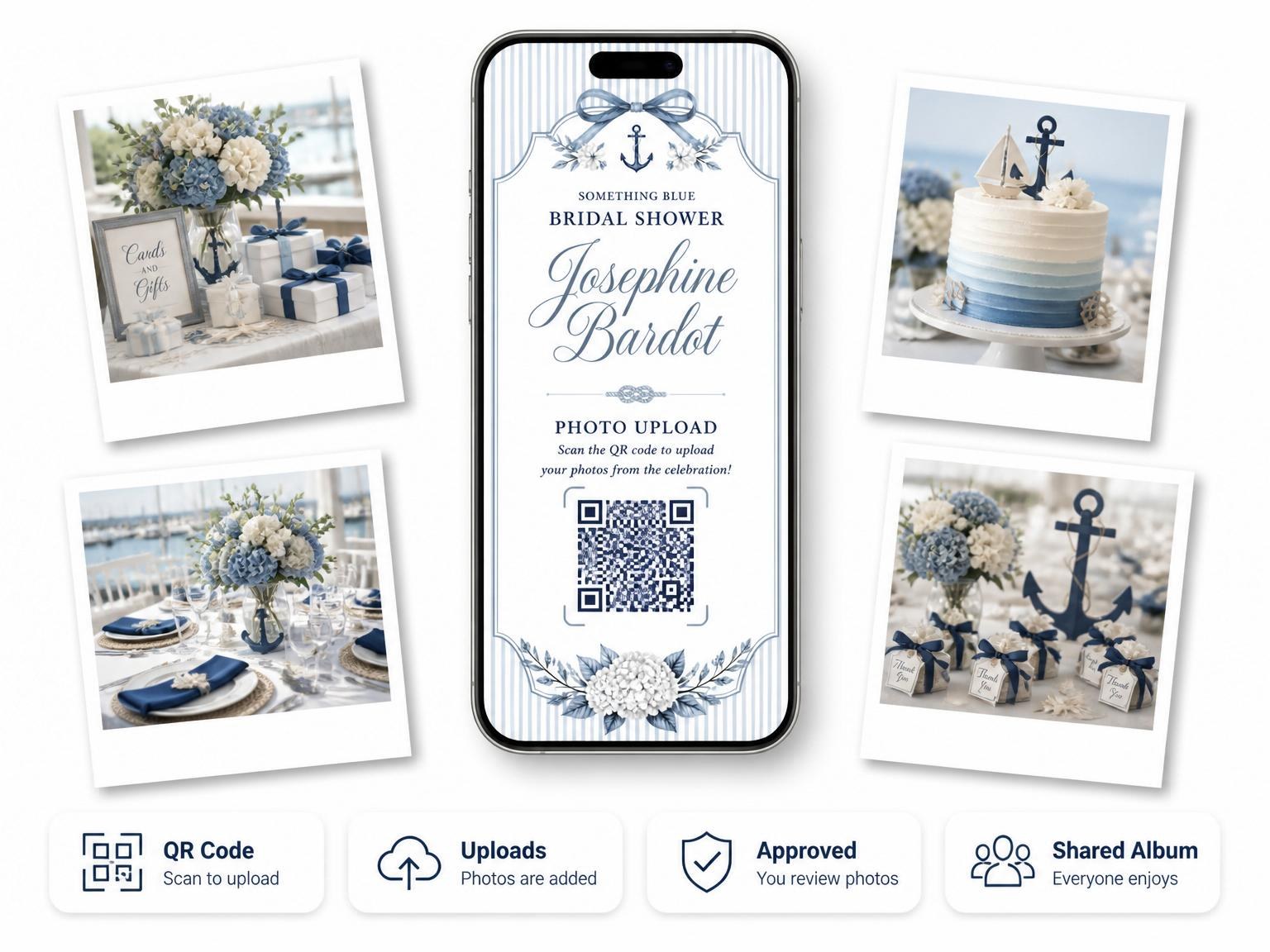 The shared photo gallery that comes with the Blue Pinstripe Nautical Bridal Shower invitation