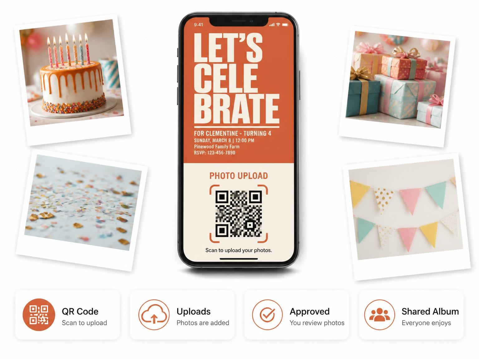 The shared photo gallery that comes with the Burnt Orange 70s Typography Milestone invitation