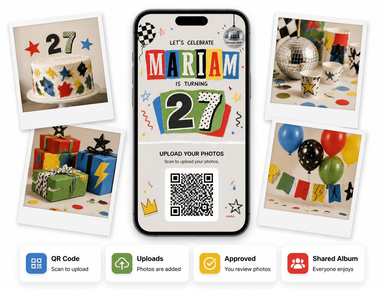 The shared photo gallery that comes with the Retro Paper Collage 27th Birthday Invitation invitation