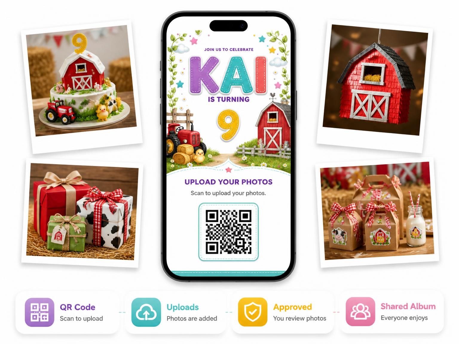 The shared photo gallery that comes with the Stitched Farm 9th Birthday Invitation invitation