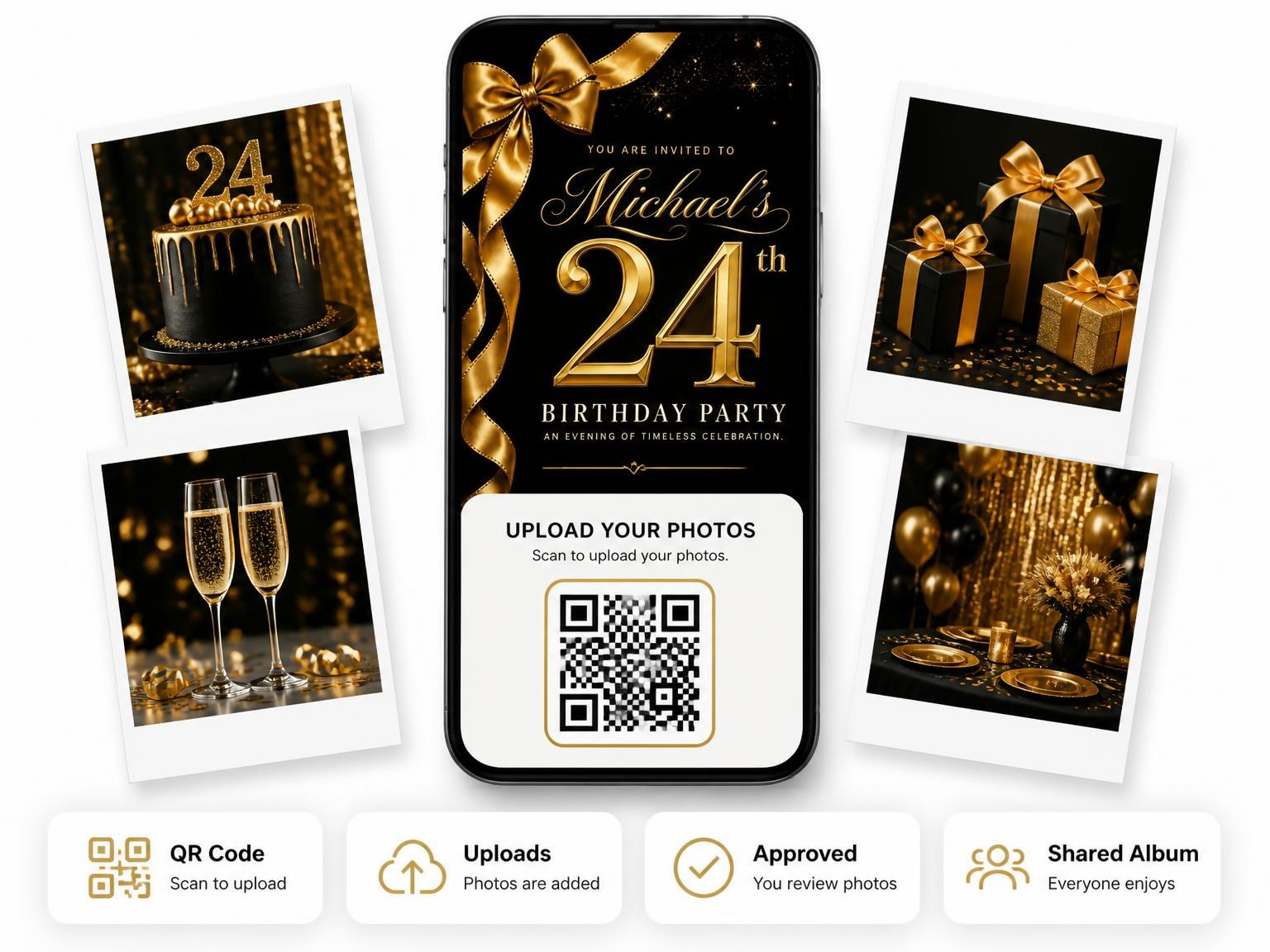 The shared photo gallery that comes with the Black and Gold Ribbon 24th Birthday invitation