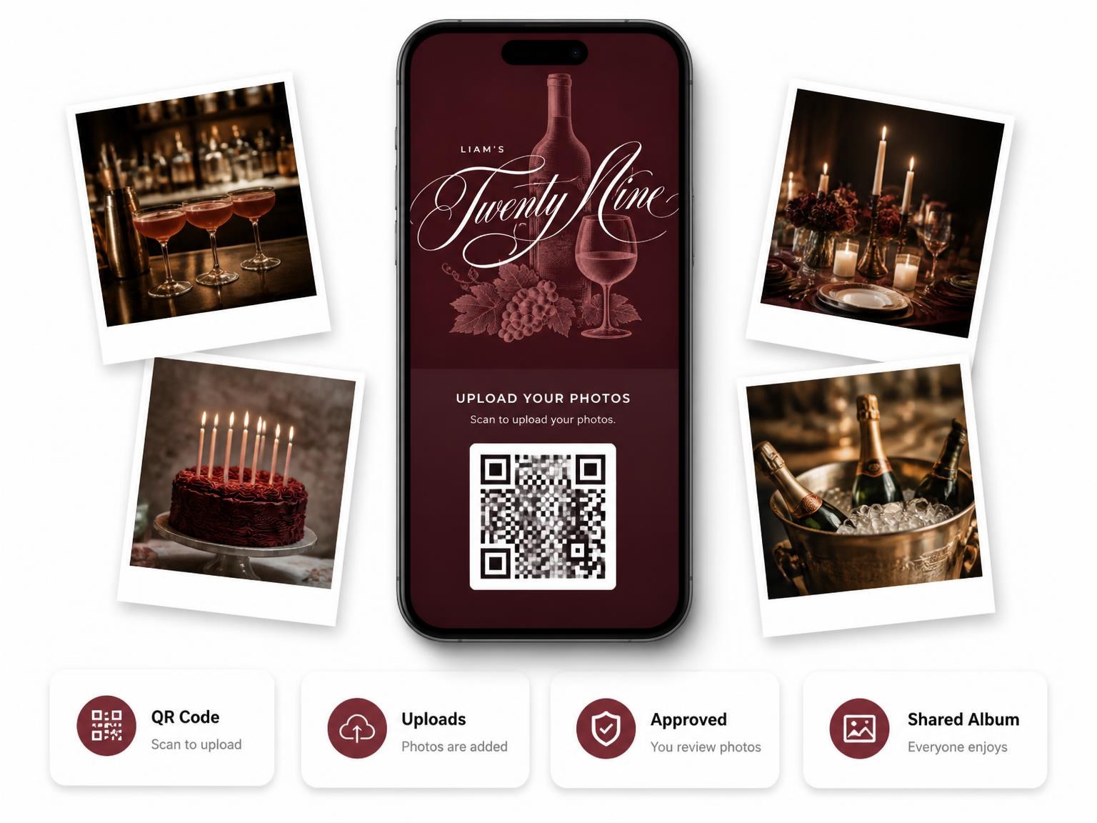 The shared photo gallery that comes with the Burgundy Cocktail 29th Birthday Invitation invitation